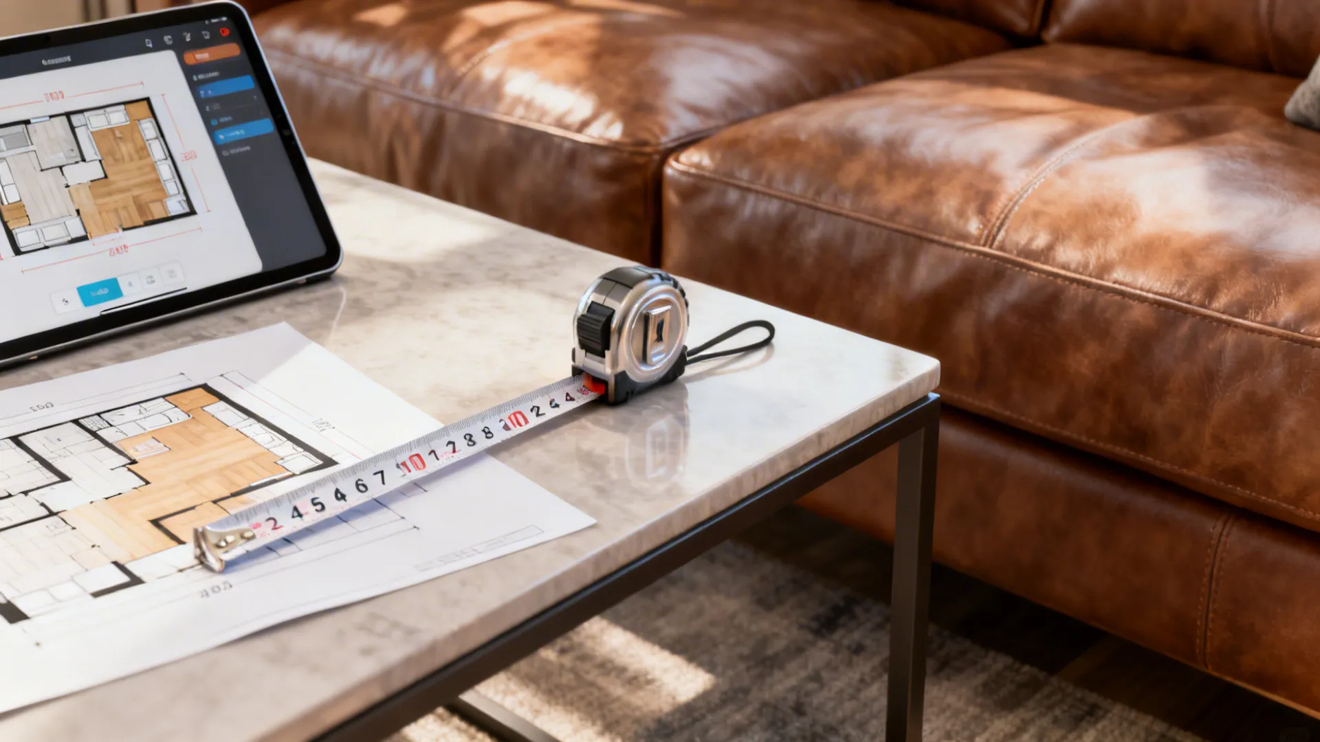 Tape measure and digital room planner next to sofa, illustrating measurement tips for sofa placement.