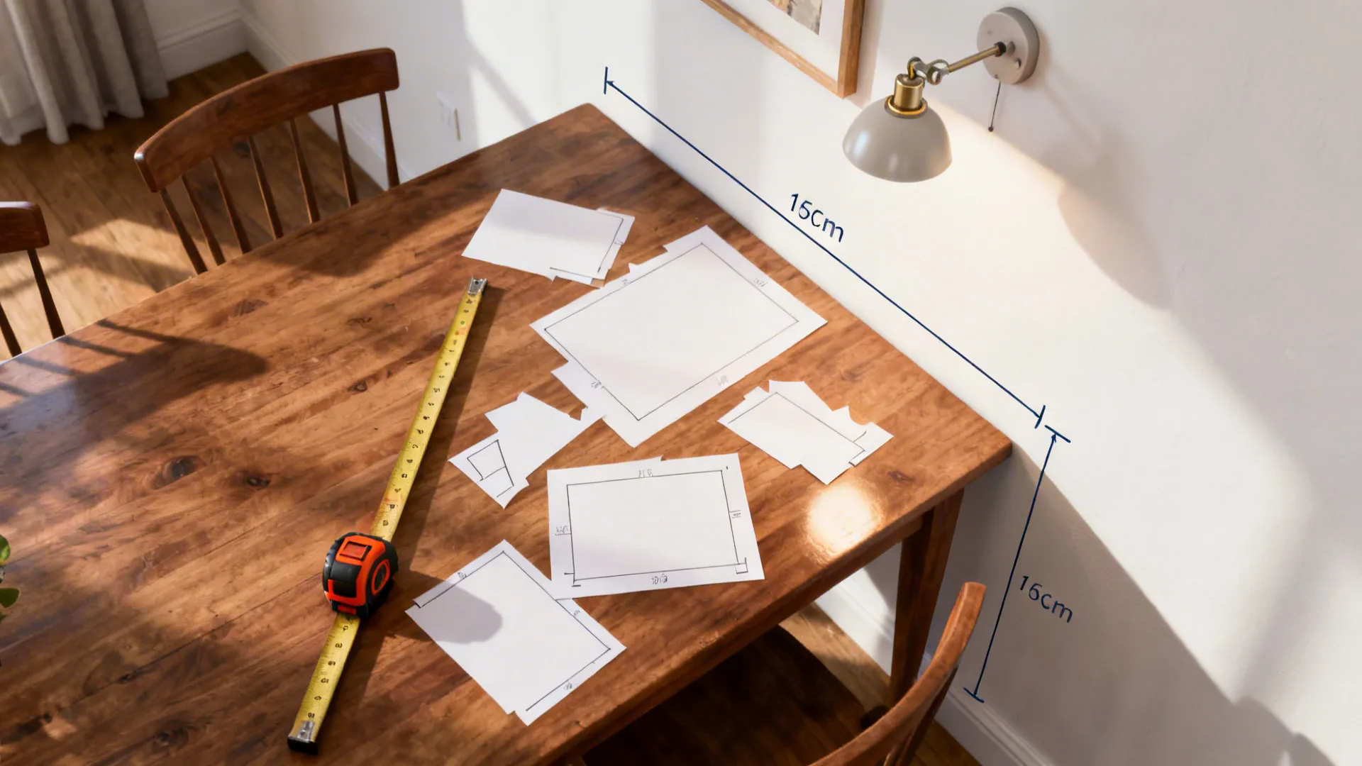 Top-down view of measuring and planning art height and placement above a dining table.
