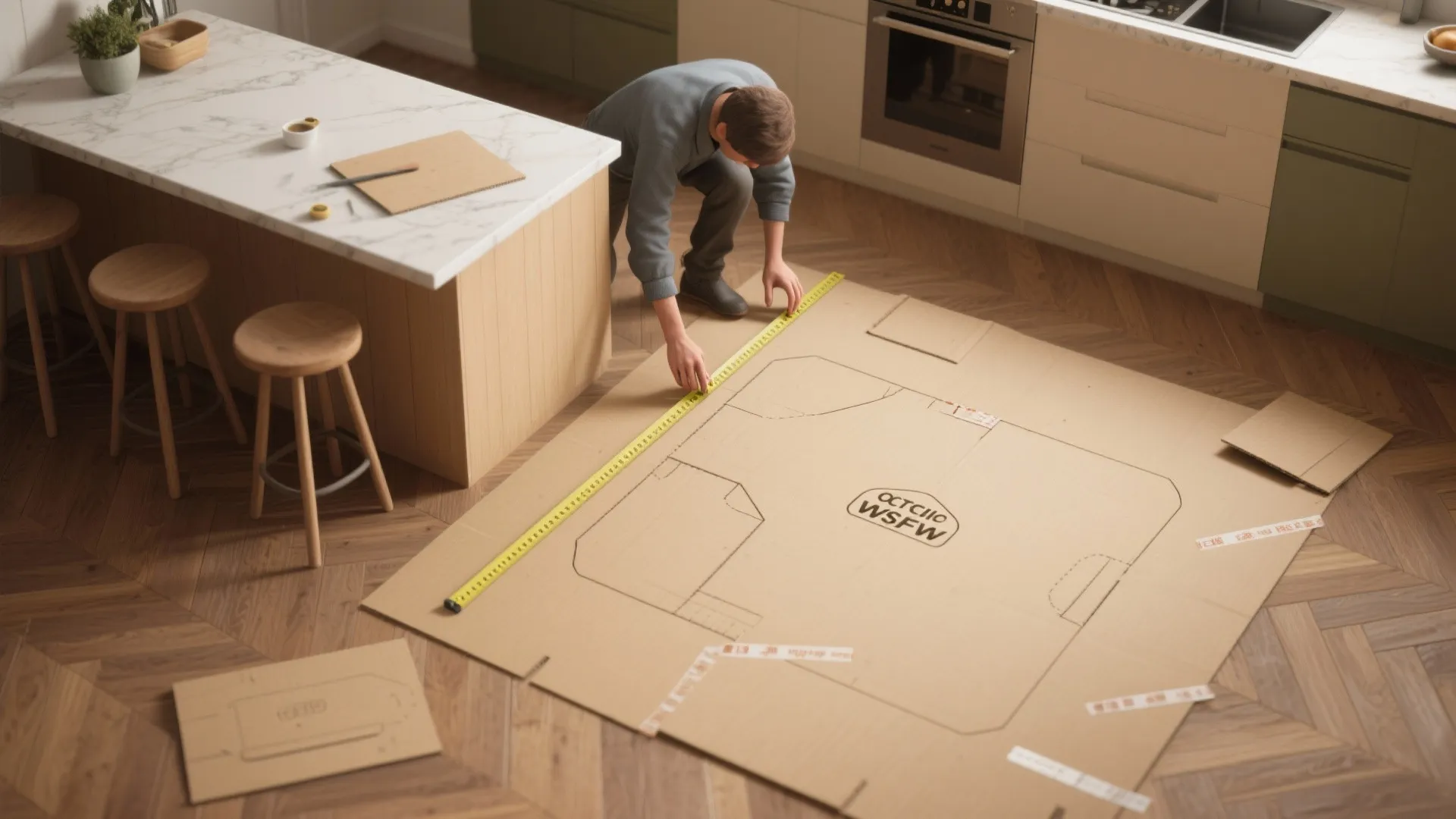 Top-down view of cardboard templates and tape outlines on a kitchen floor used to mock up an island footprint and seating clearances.