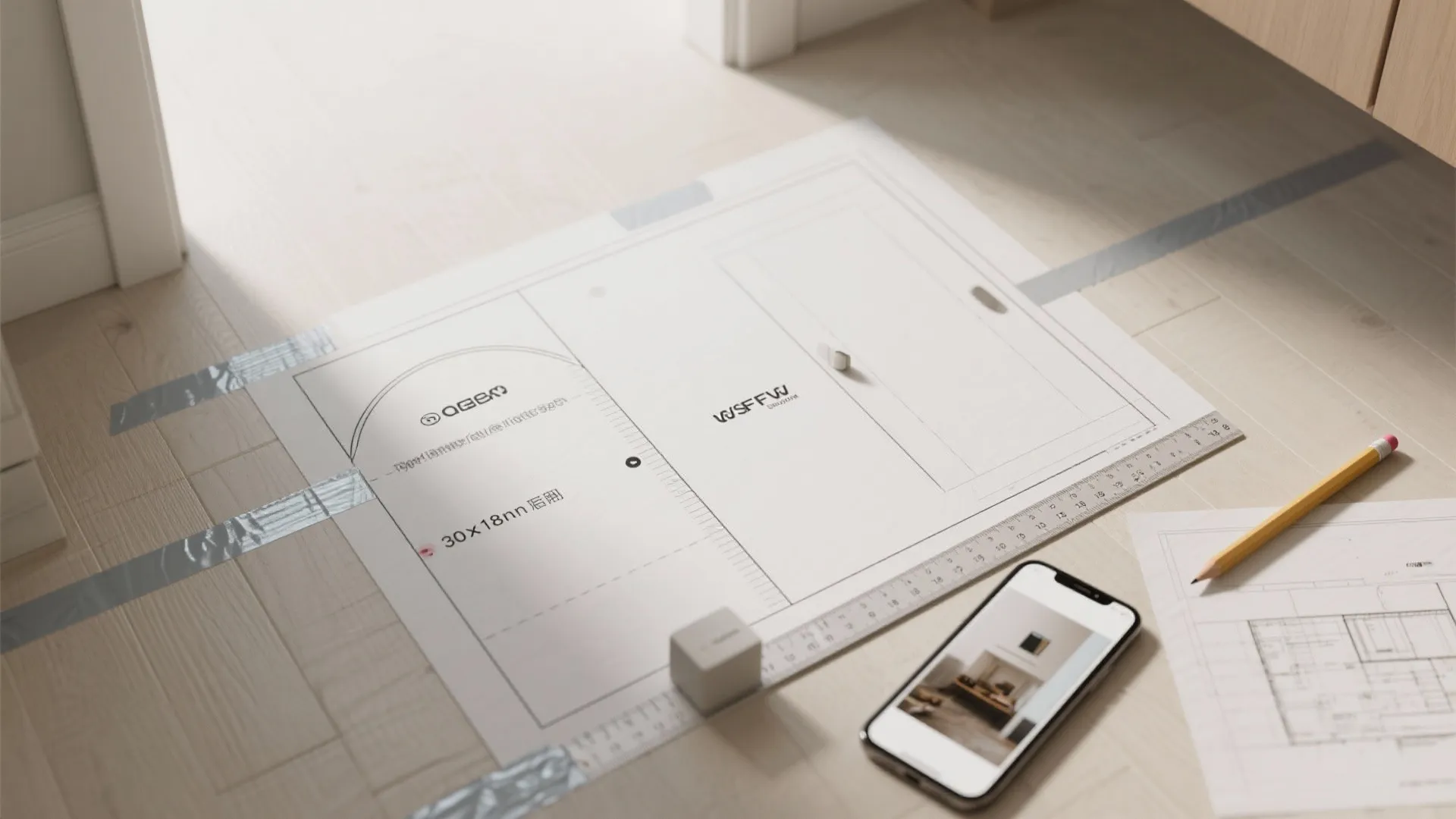 Top-down photo of a paper template on the floor showing a 30 x 18 inch vanity mockup, door swing arcs, and measuring tape.
