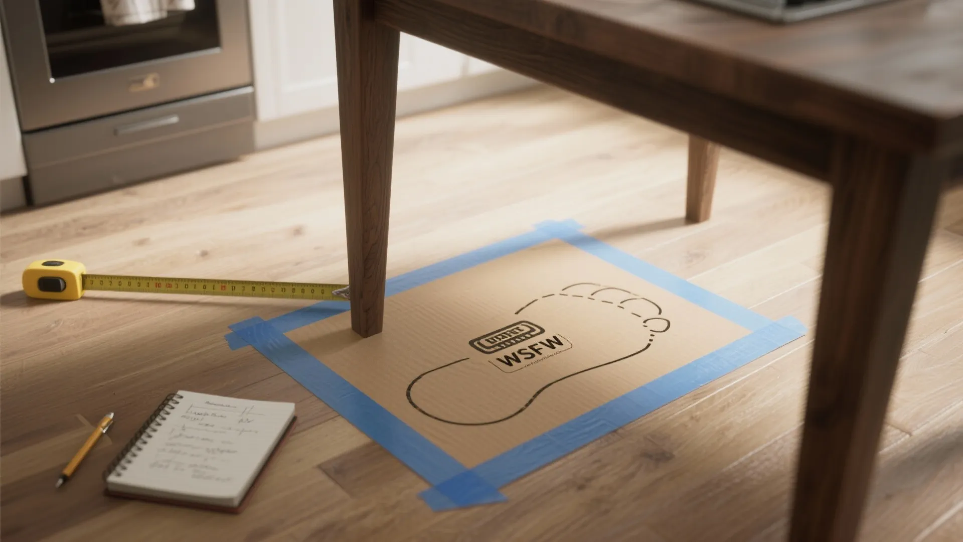 Measuring a wooden table leg on the floor using a tape measure and a template