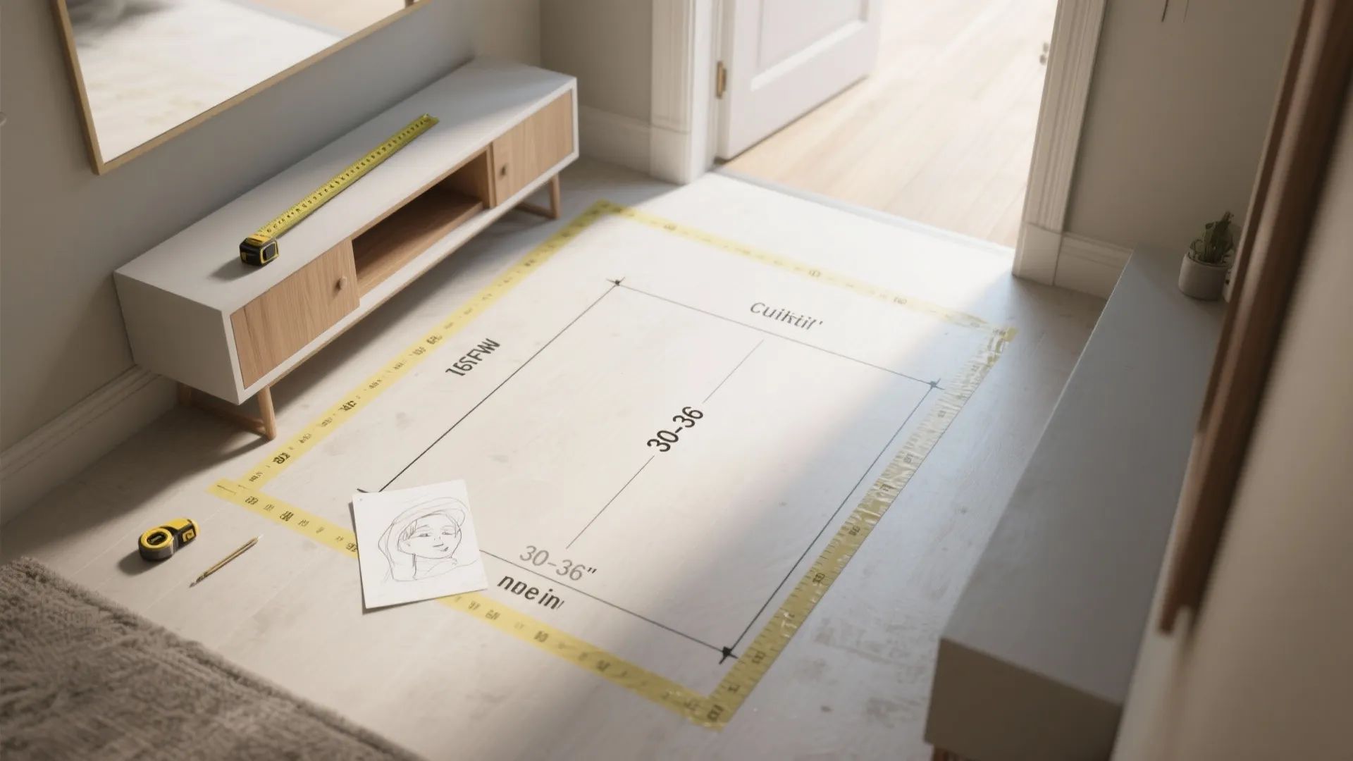 Interior room floor with measuring tape and marked layout design for furniture and cabinet placement