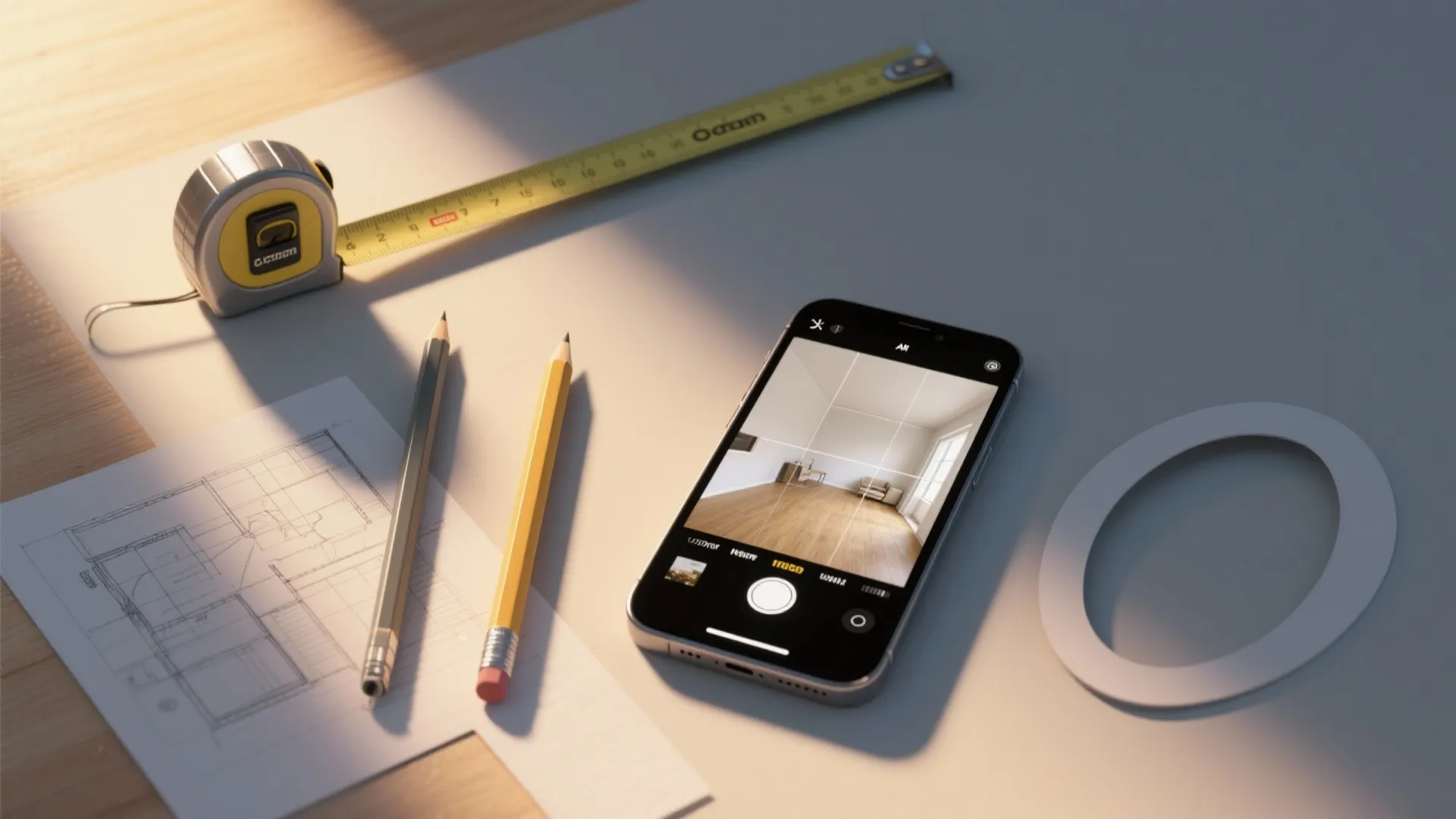 Interior design drawing with tape measure pencils and smartphone camera showing a living room layout