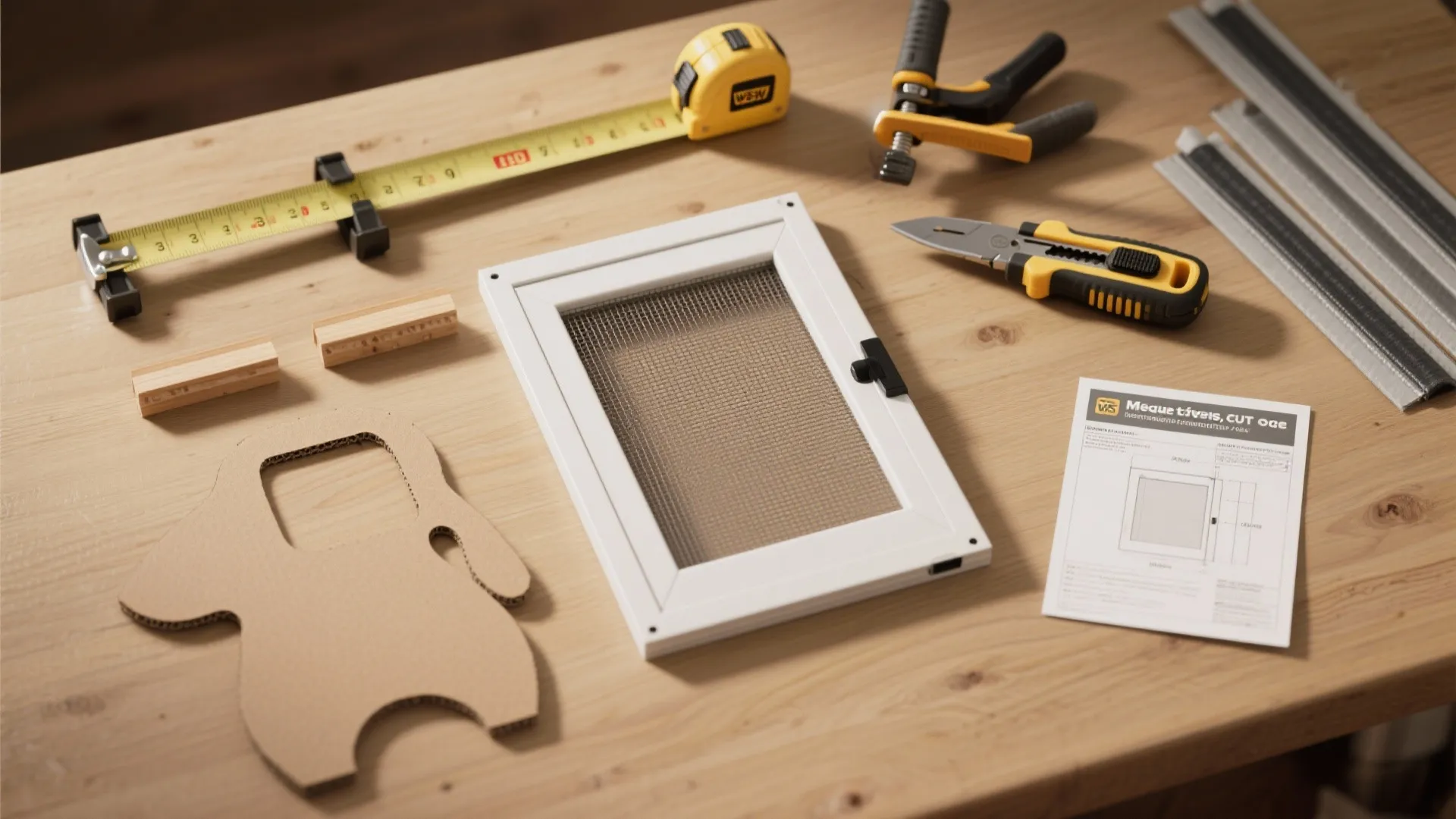 Flatlay of tools and cardboard mockups used to measure and prototype a dog door for a screen.
