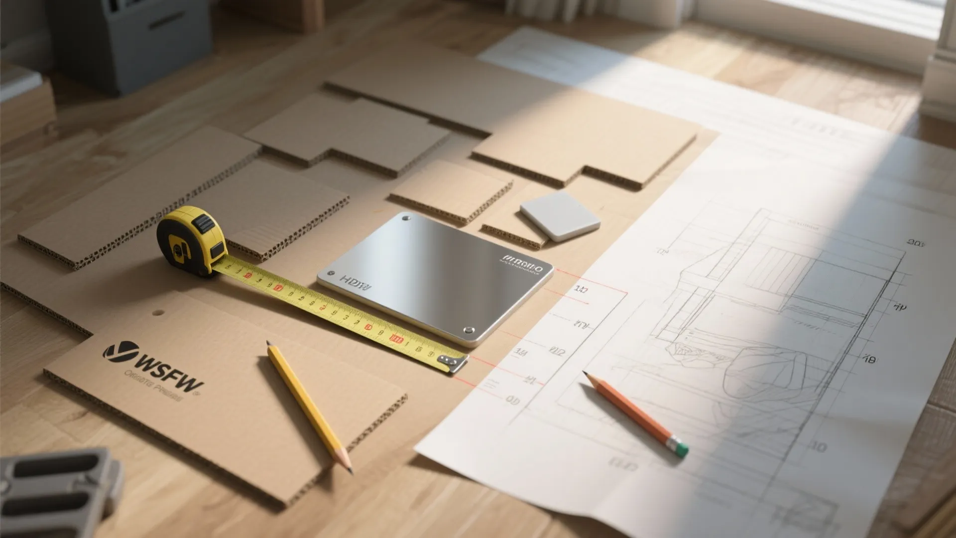 Top-down mockup with cardboard templates, tape measure, and material samples for planning a fillet table.