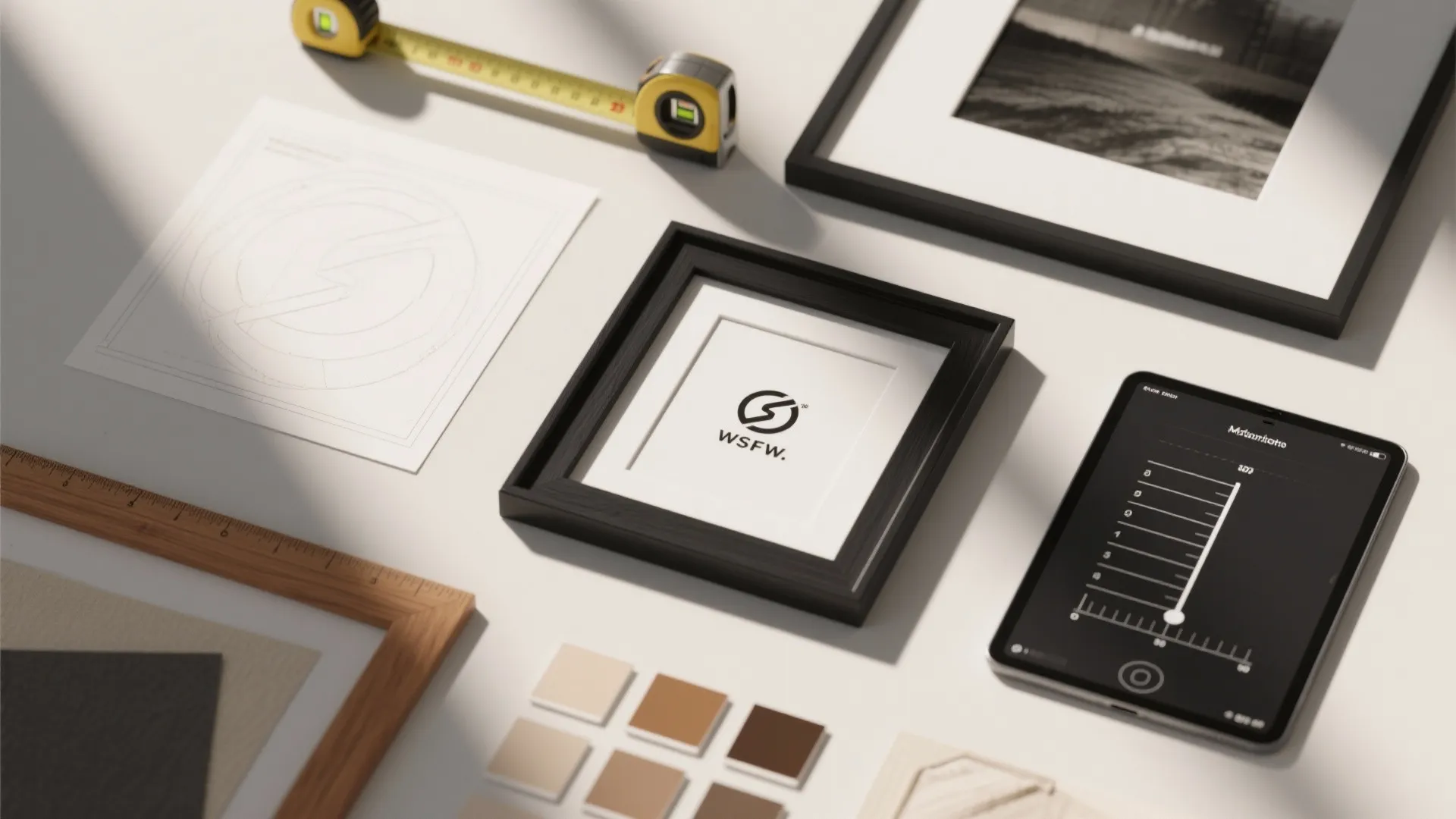 Flatlay of paper templates, measuring tape, frame samples and a tablet showing a mockup for art placement.