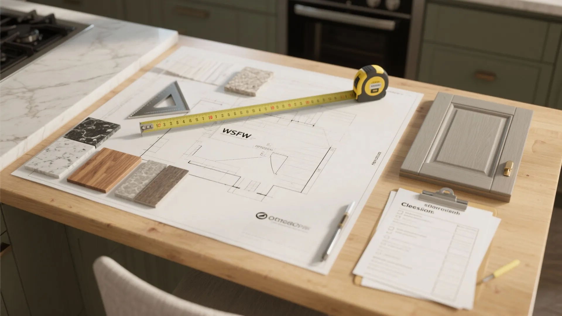 Top-down flatlay of tape measures, floor tape footprints, and material samples for island planning.