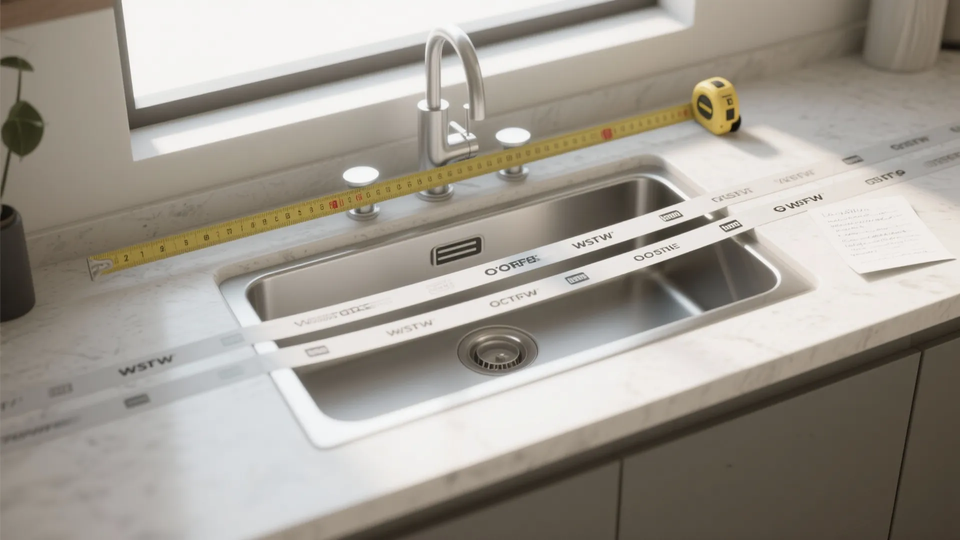 Stainless steel kitchen sink with measuring tape on marble countertop and water tap in background