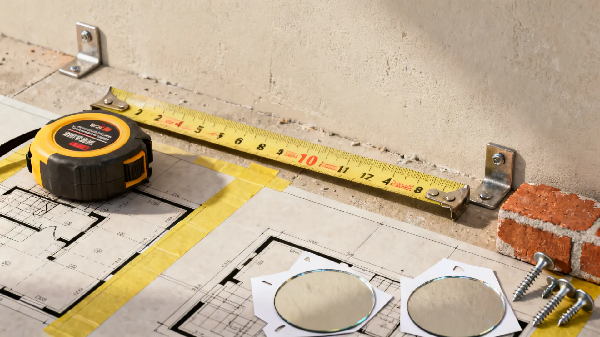 Top-down flatlay of measuring tools, painter's tape, and wall anchors for mirror mounting.