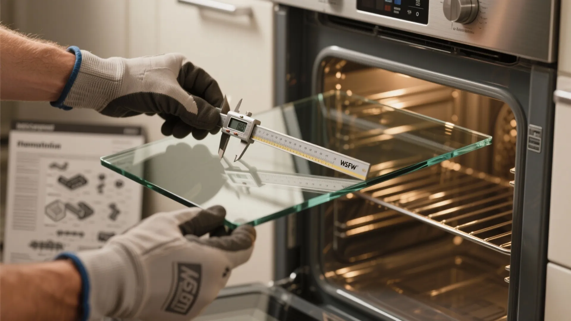 Person in gloves using a digital measuring tool to measure a clear glass oven door panel