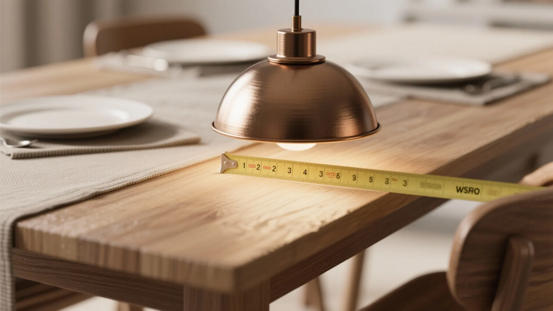 Measuring distance between a copper ceiling light and a wooden dining table using yellow tape measure