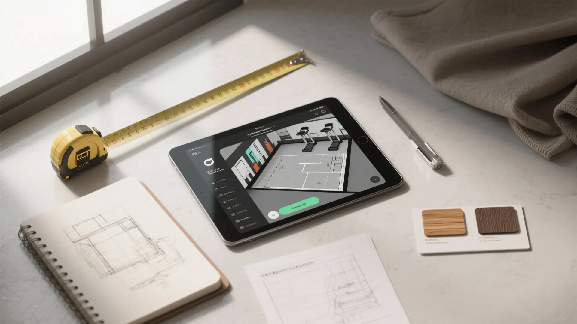 Tablet showing interior design drawing next to a yellow measuring tape and a hand-drawn sketch