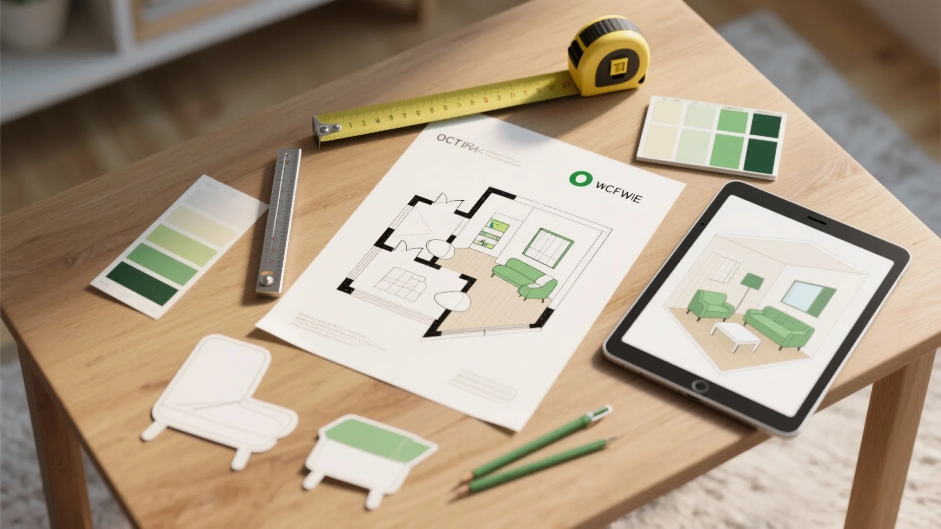 Wooden desk with paper floor plan measuring tape color swatches tablet and interior design tools