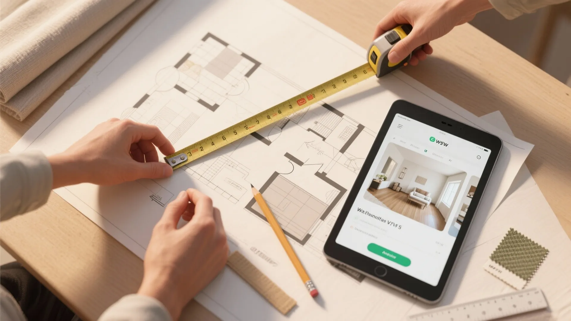 Hands using a tape measure on a paper floor plan next to a digital tablet