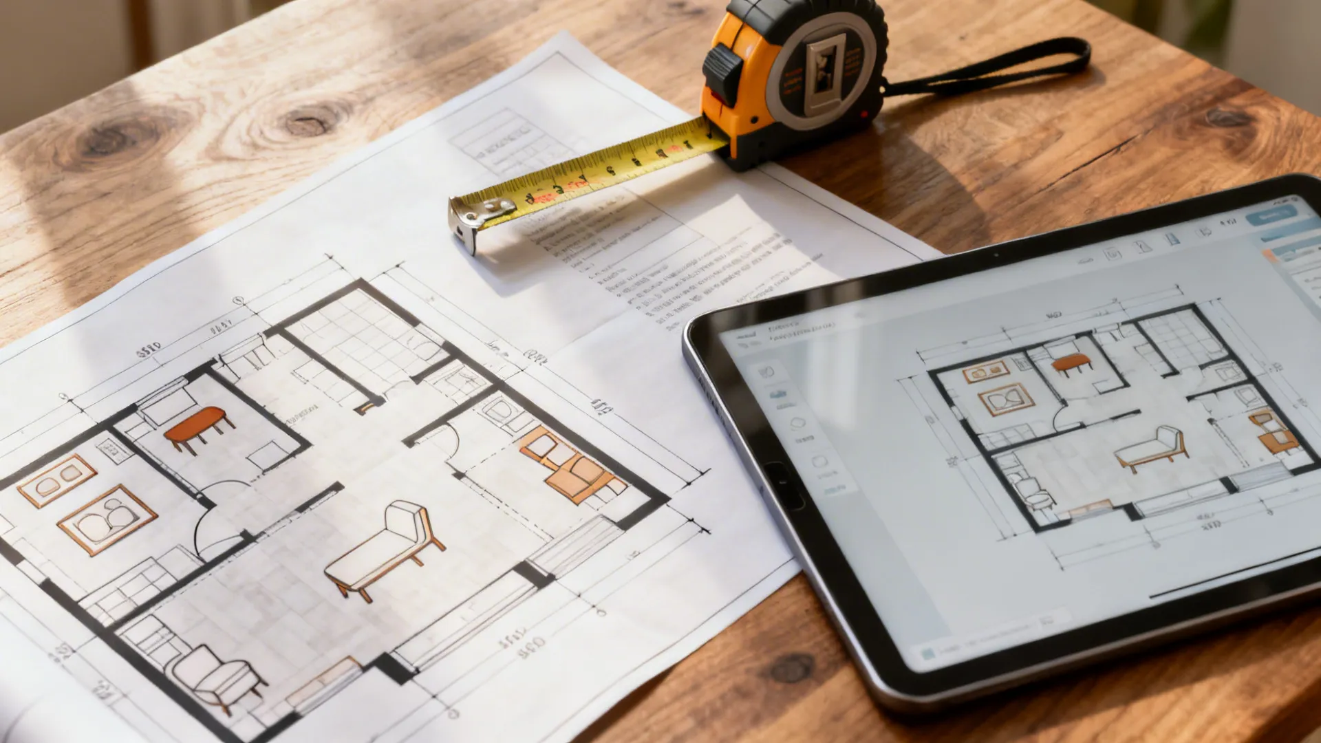 Printable floor plan and digital planner with tape measure for accurate small-room planning.