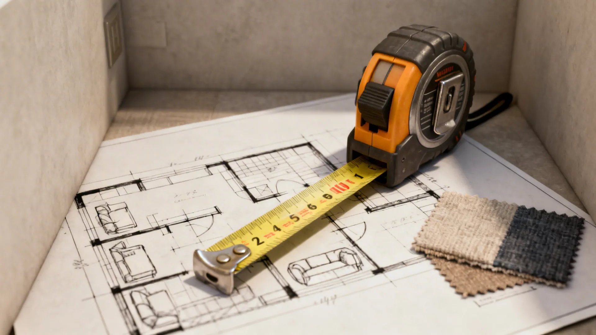 Measuring tape and floorplan sketch beside a fabric swatch, showing the importance of measurement before buying.