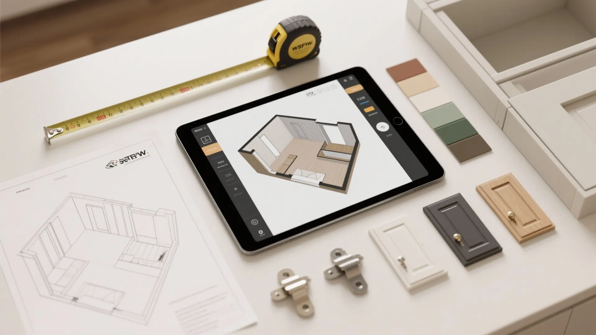 Top-down flatlay of measuring tape, 2D floor plan, tablet with 3D planner, color swatches and hinge samples.