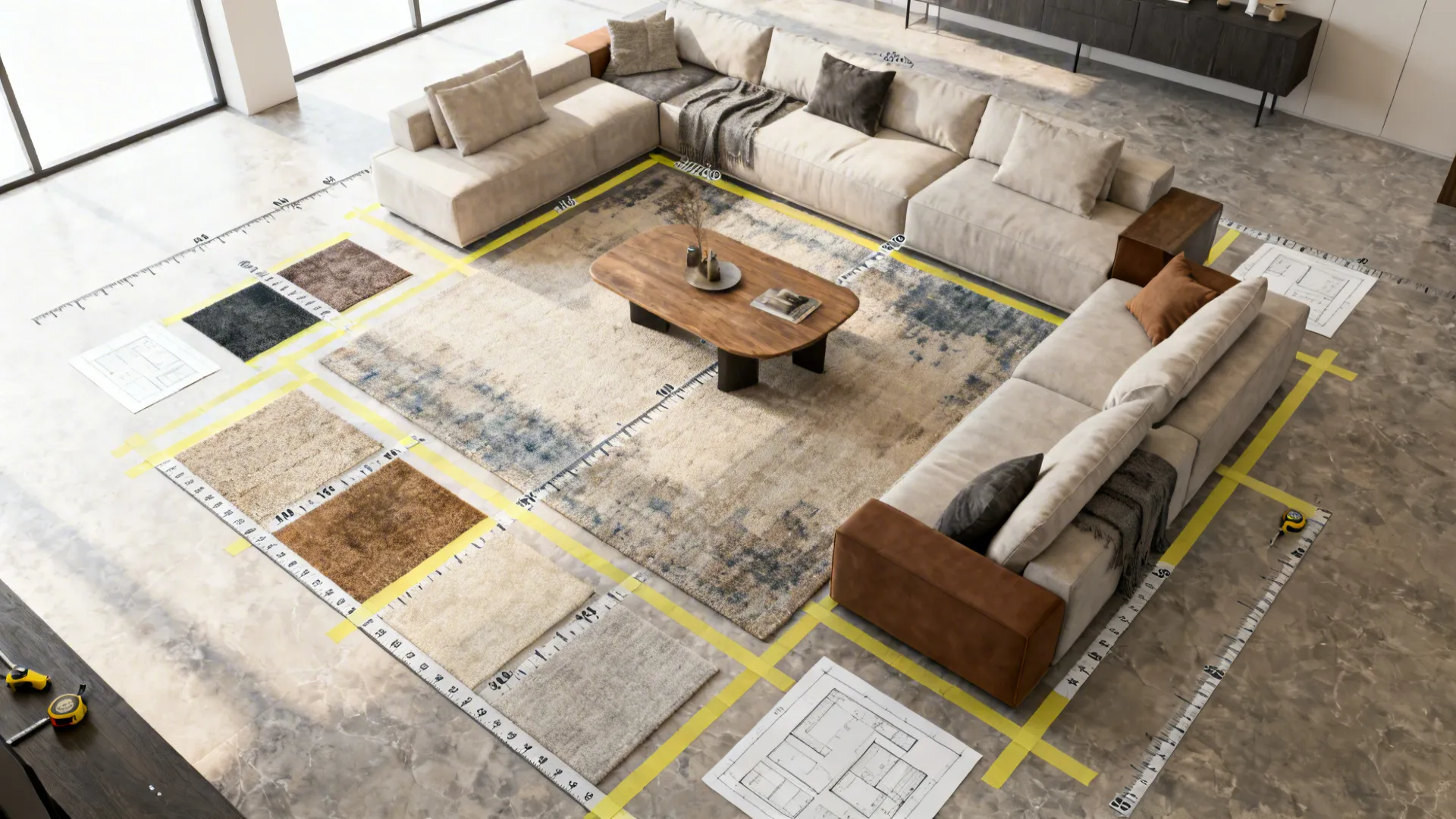 Top-down view of a living room with measured rug outlines and sectional footprint for accurate scaling.
