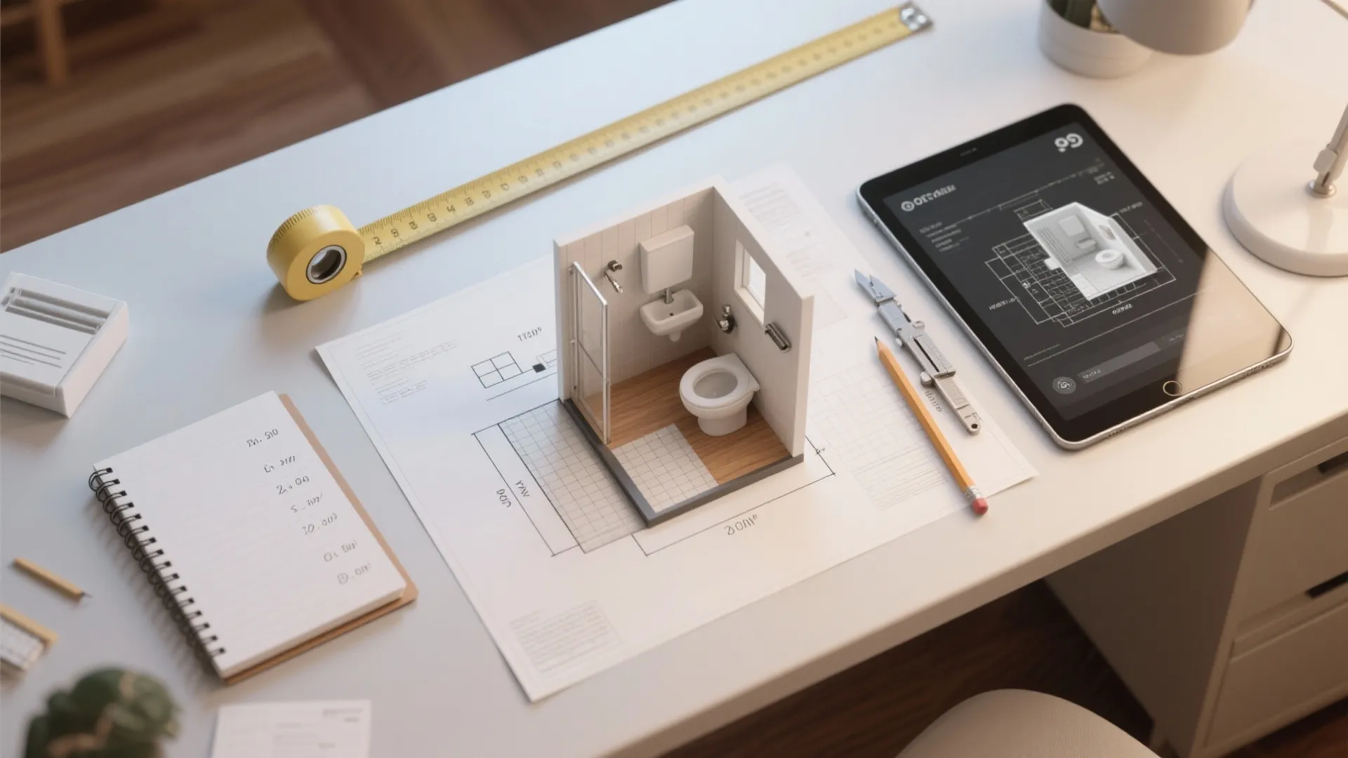 Top-down layout showing measuring tape, notes and a 3D bathroom mockup on a tablet