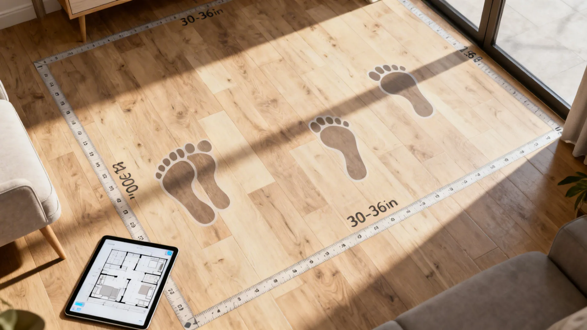 Top-down planning scene with floor measurements, furniture footprints and a tablet showing a room planner