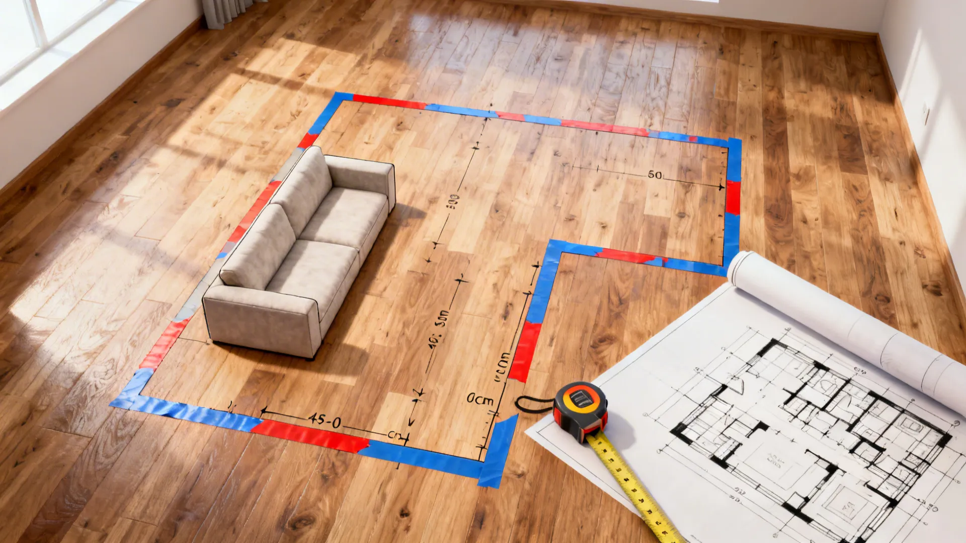 Top-down view of painter's tape and measurements outlining sofa placement and walkways in a small living room