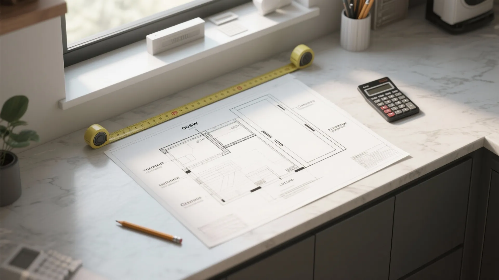 Top-down view of a sketched cabinet plan with tape measure and calculator on a countertop
