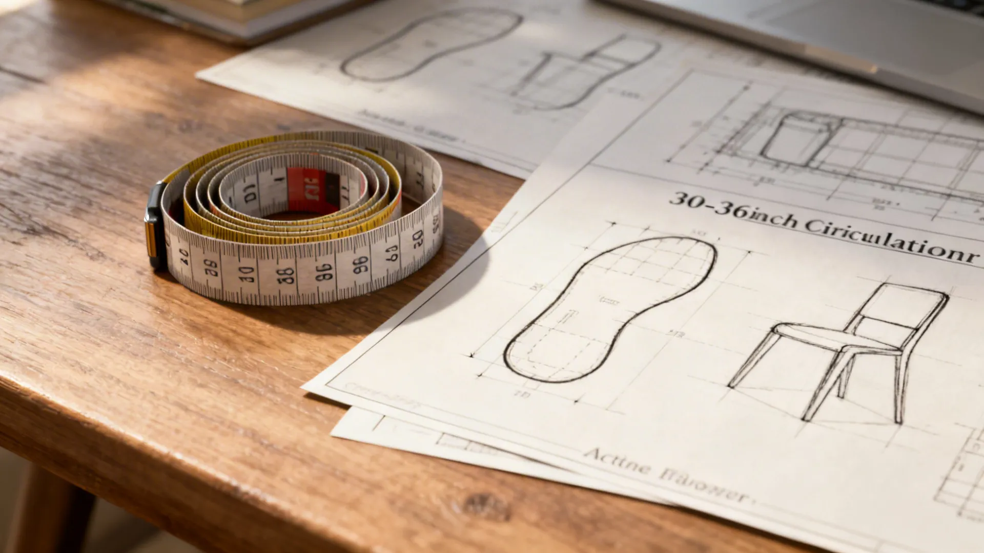 Measuring tape and floor plan sketches indicating 30–36 inch circulation paths for entry layouts.