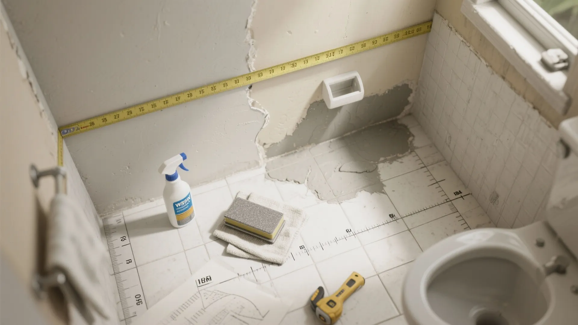 Bathroom renovation preparation with yellow measuring tape on wall beside spray bottle and sponge on floor