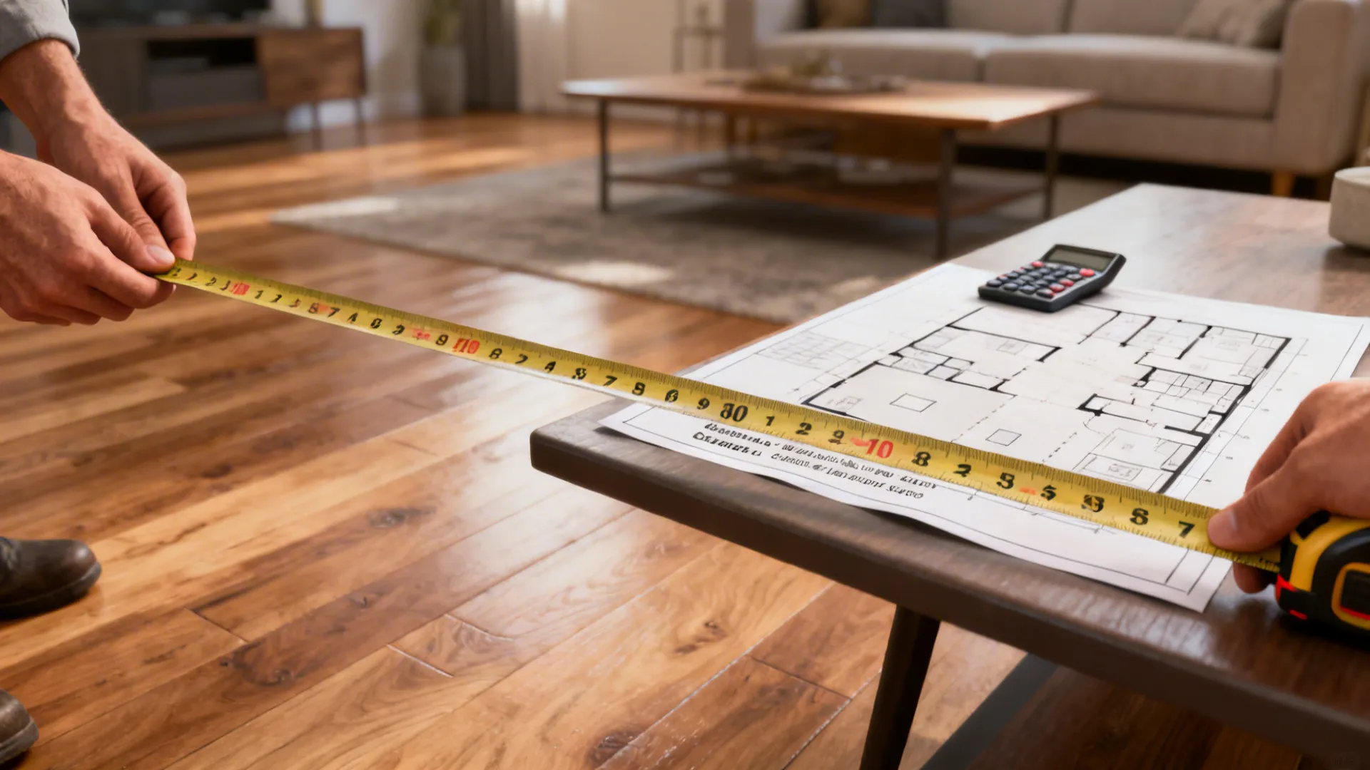Tape measure and floor plan showing square footage on a living room floor.