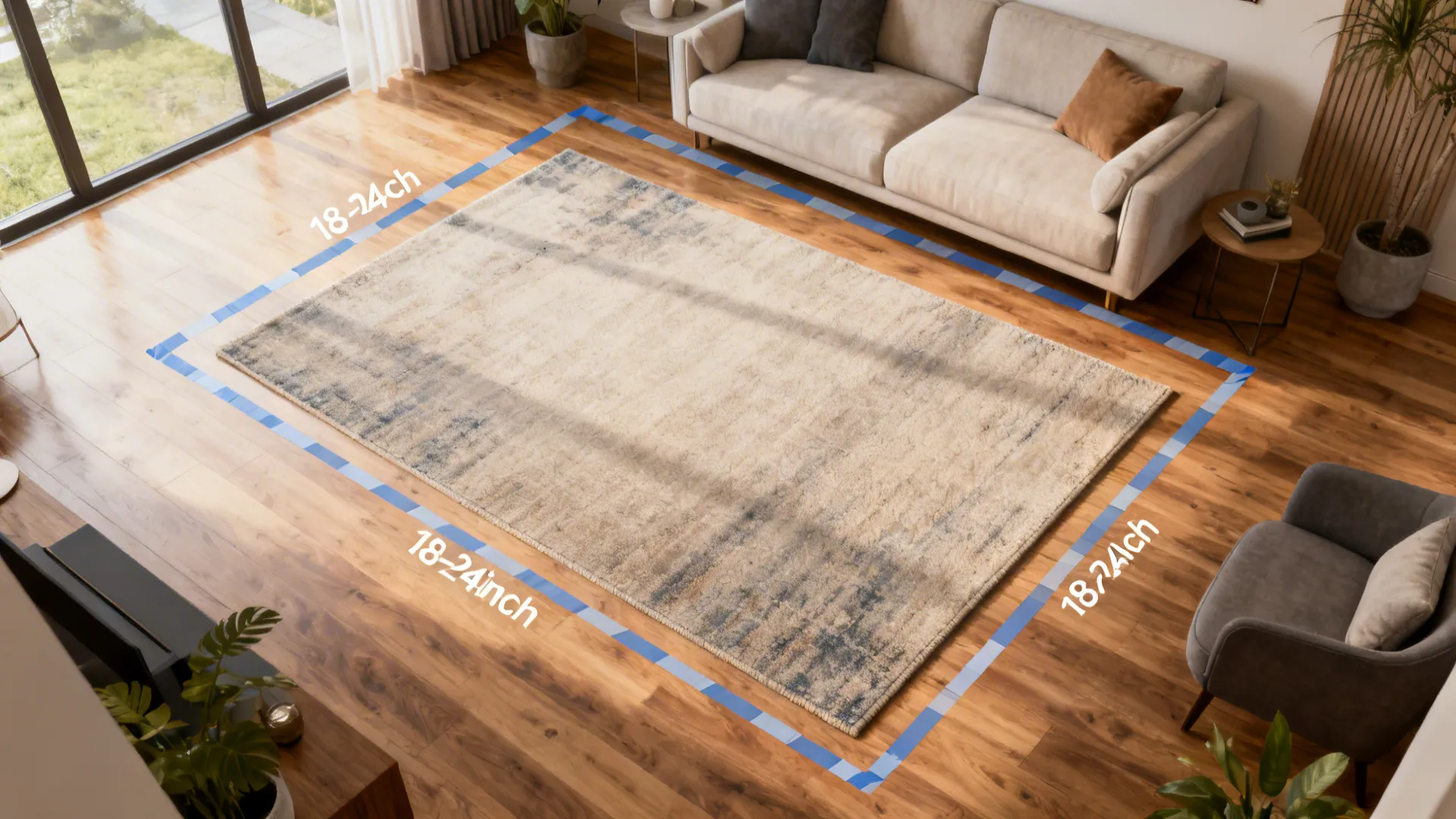 Top-down view of a living room with tape-out rug dimensions showing 18–24 inches of exposed flooring.
