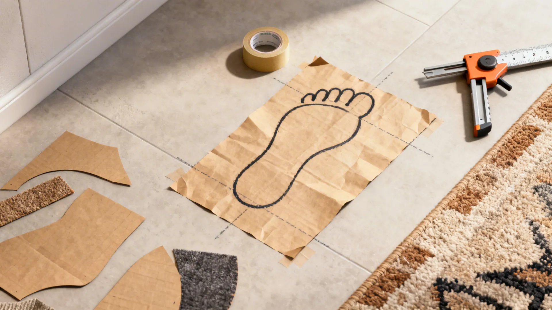 Top-down view of kraft paper and tape used to mark a rug footprint on the floor