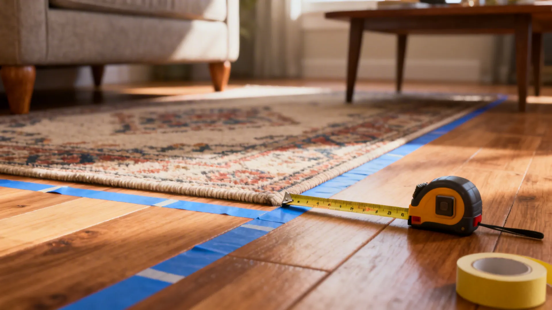 Measuring a wood floor for rug placement using yellow tape measure and blue floor tape