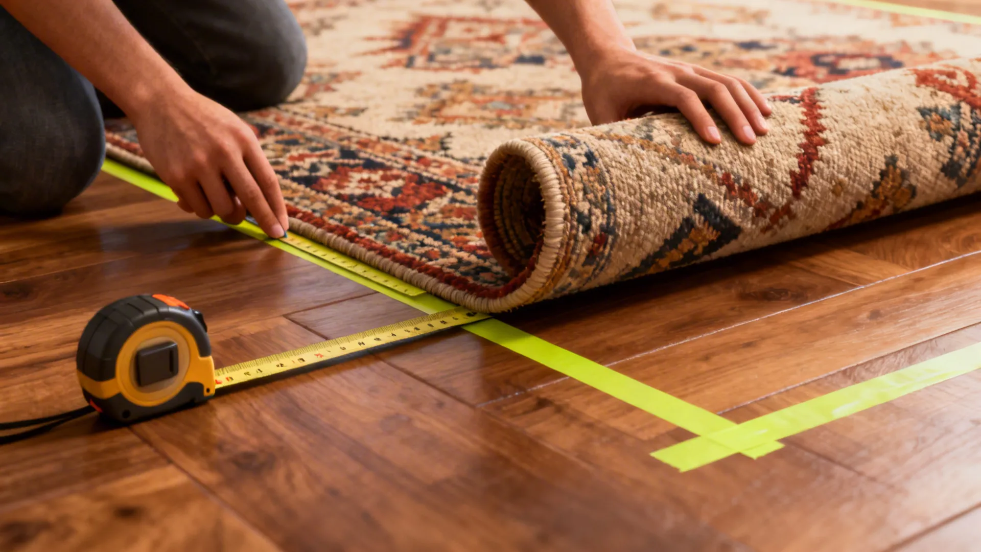 Hands using tape and a measuring tape to mark rug placement and size on a hardwood floor