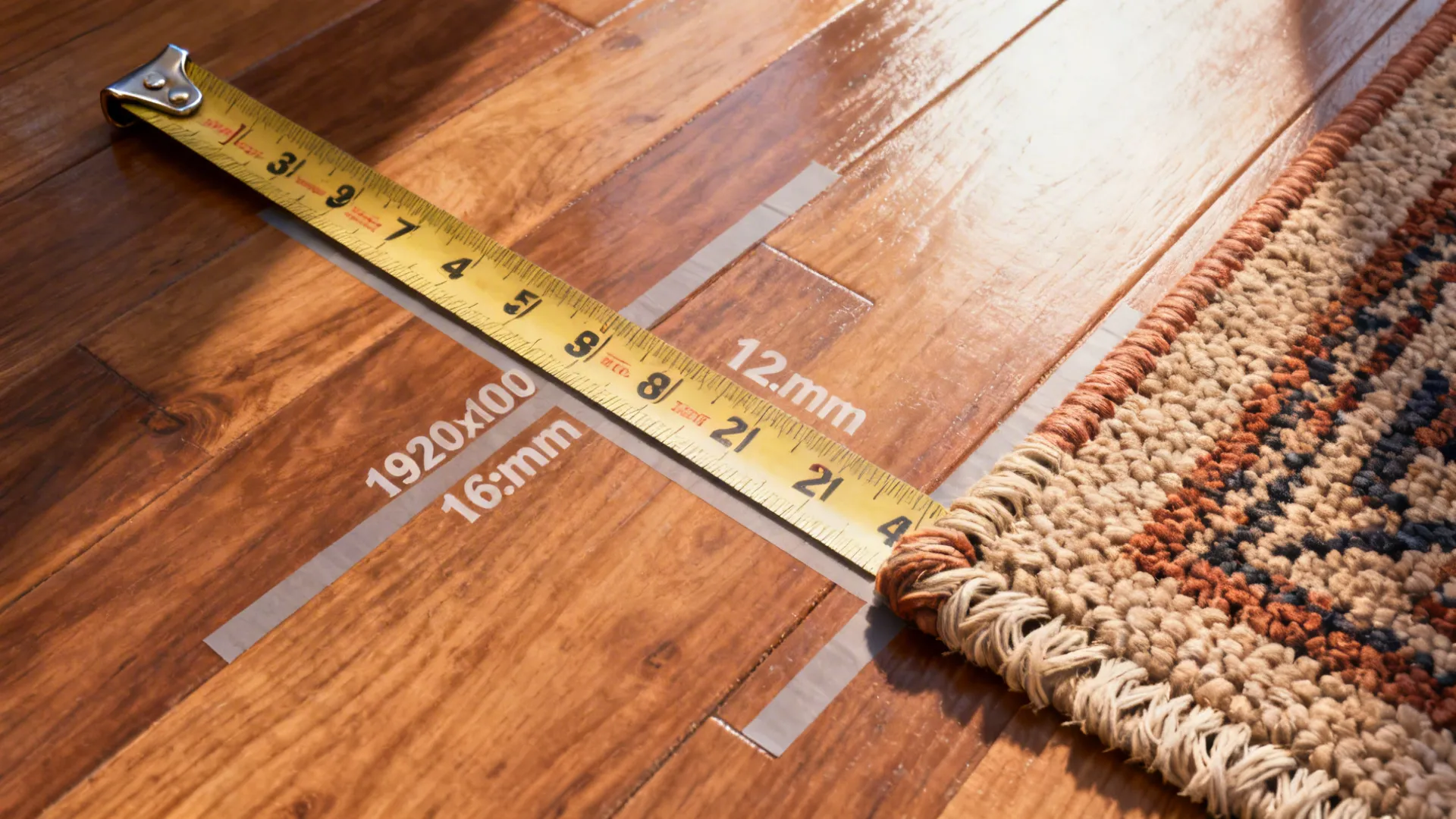 Measuring tape and taped floor outline showing rug dimensions and pile height considerations.