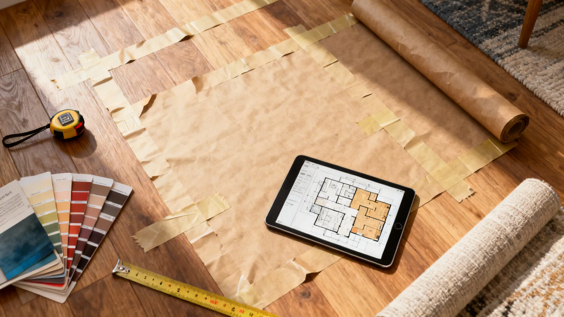 Top-down view of kraft paper outlines and measuring tape demonstrating rug sizing in a room