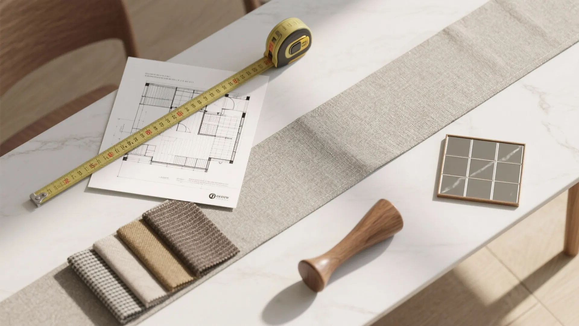 Top-down flatlay of a measuring tape, sketch, and material samples for planning a narrow oblong table layout.