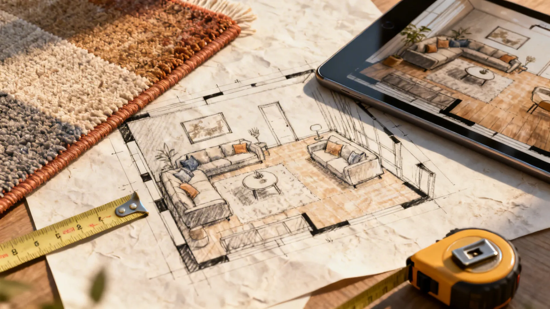 Close-up of a room plan sketch, tablet, measuring tape and rug sample highlighting measurement and planning.