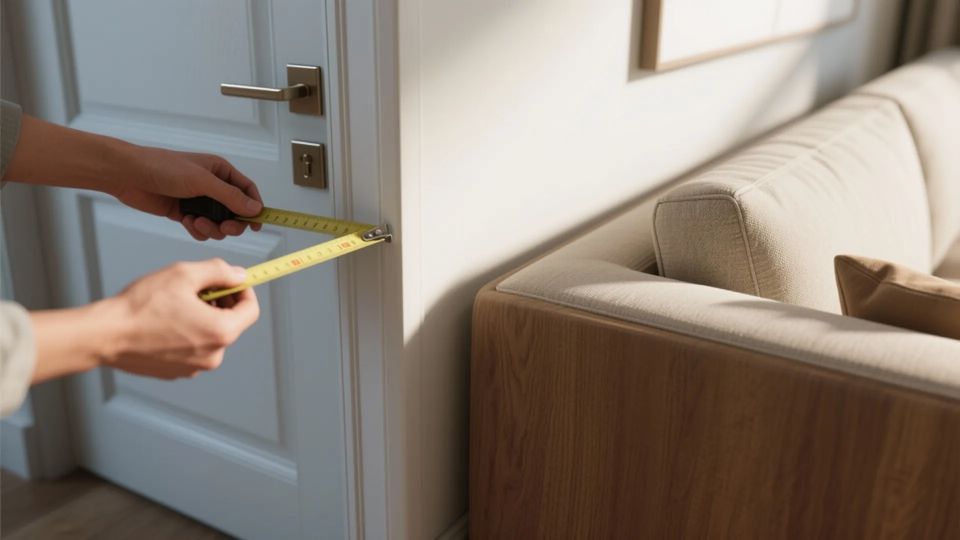 Measuring tape across a doorway with a sofa nearby to check fit