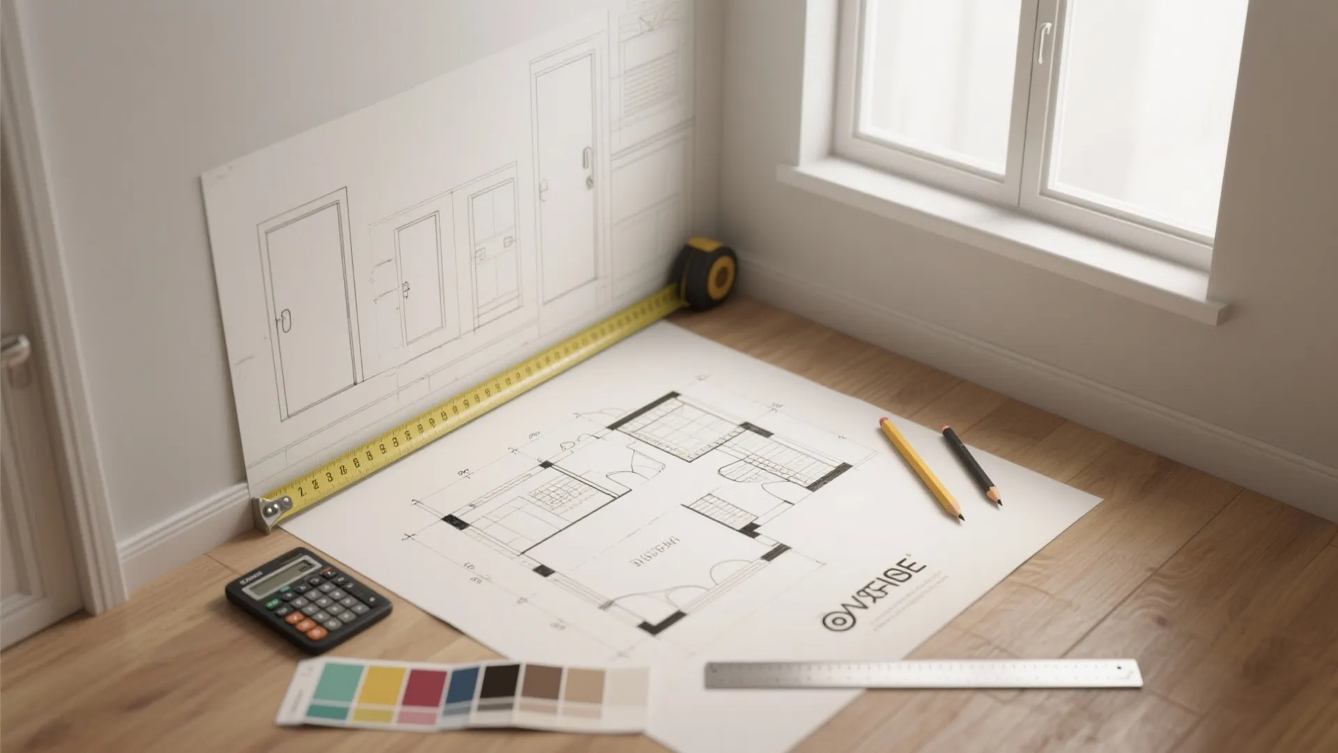 Floor plan drawing on wooden floor with measuring tape calculator color swatches and pencil tools