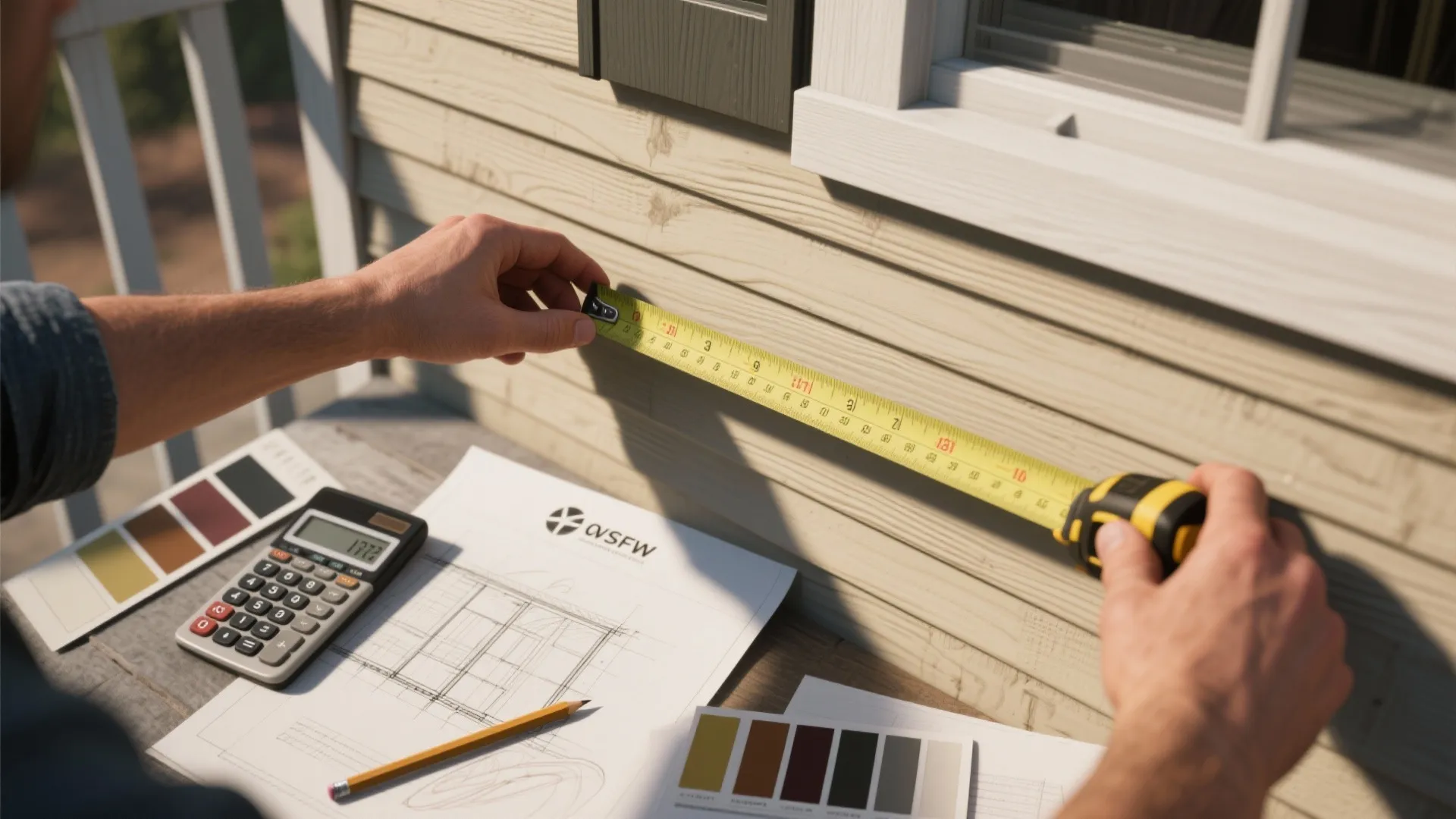 A person uses a yellow measuring tape on an exterior wall with blueprints and calculator