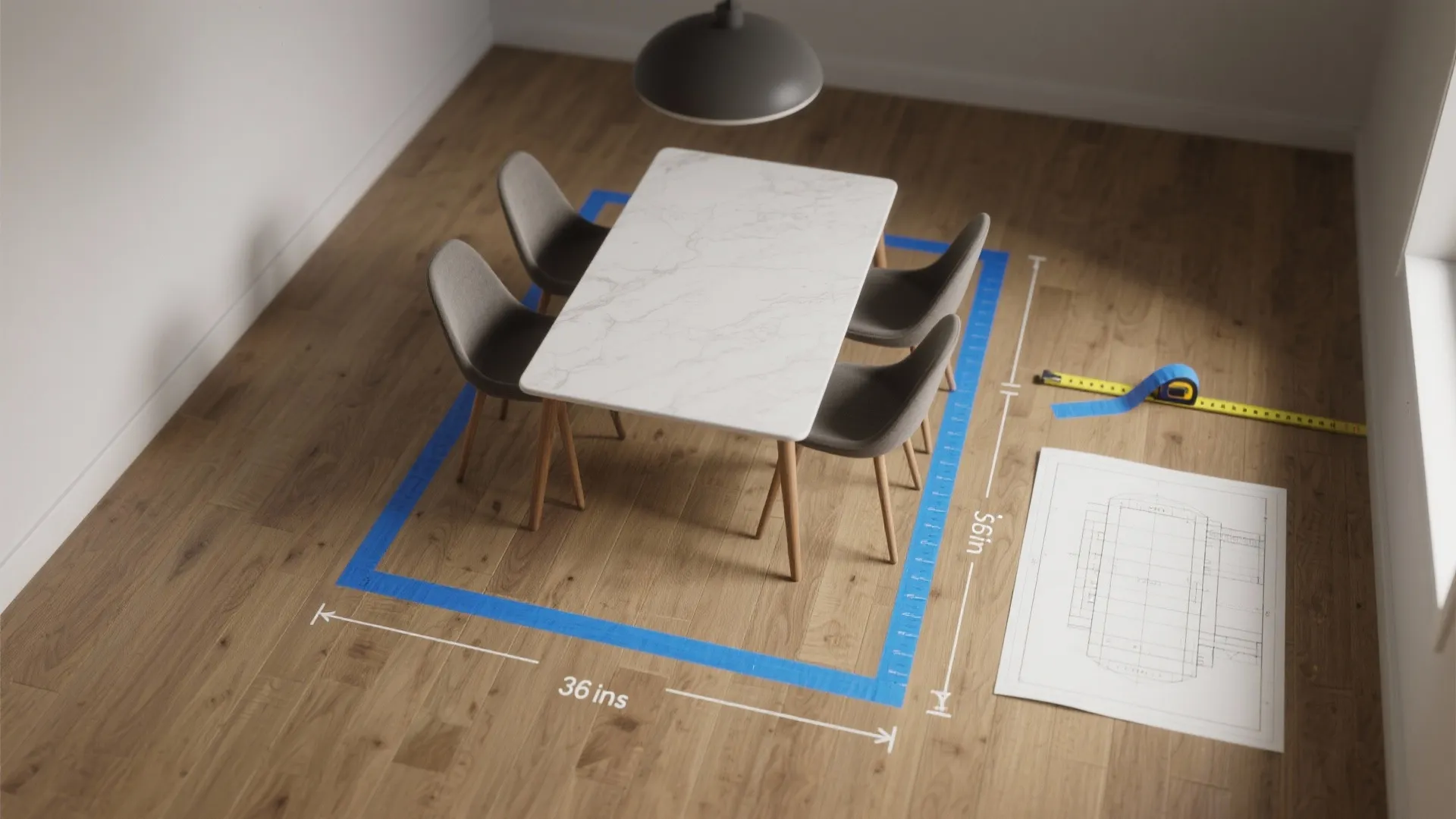 Dining table and chairs on wood floor with blue tape markings and floor plan drawing