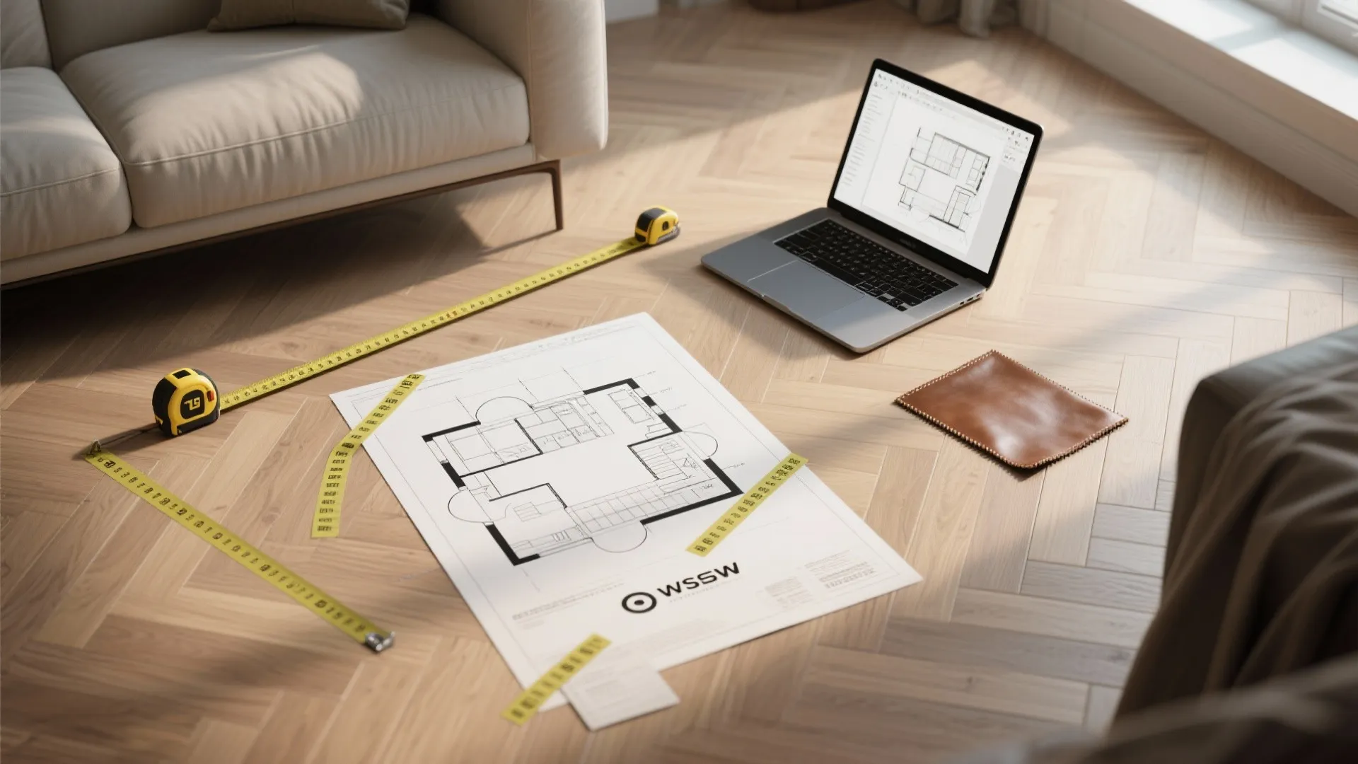 Floor plan on wooden floor with measuring tape and laptop showing an interior design drawing layout