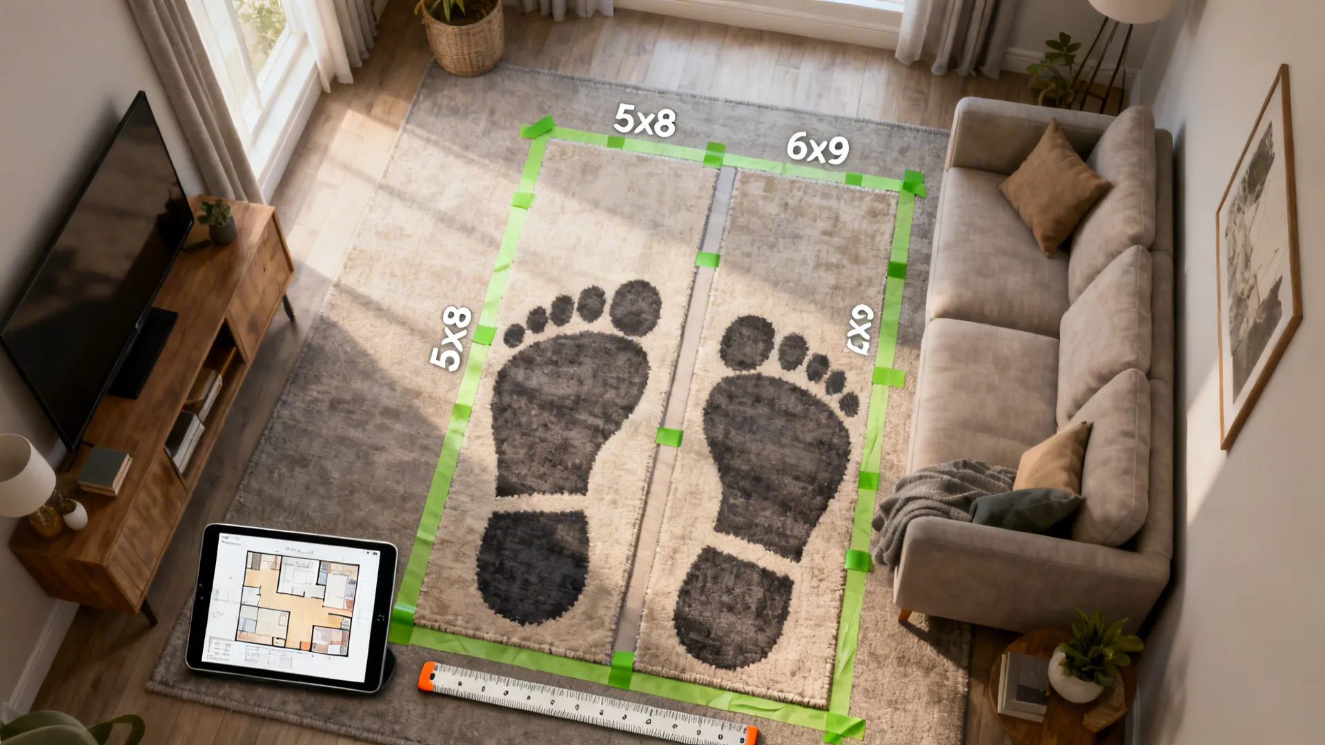 Top-down view of taped rug footprints and a tablet showing a room planner mockup in a small living room.