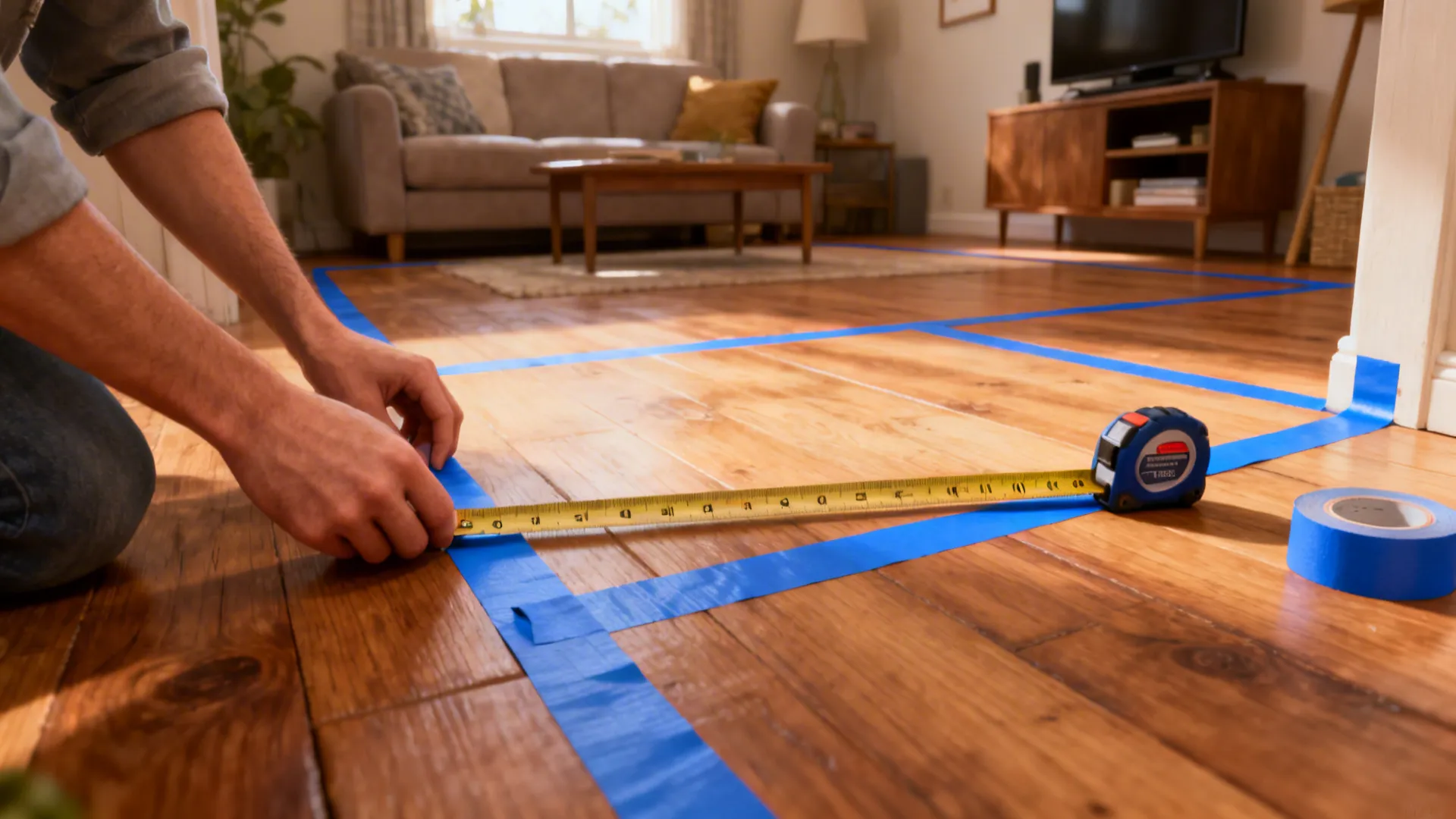 Measuring tape and painter's tape marking circulation paths on a living room floor.
