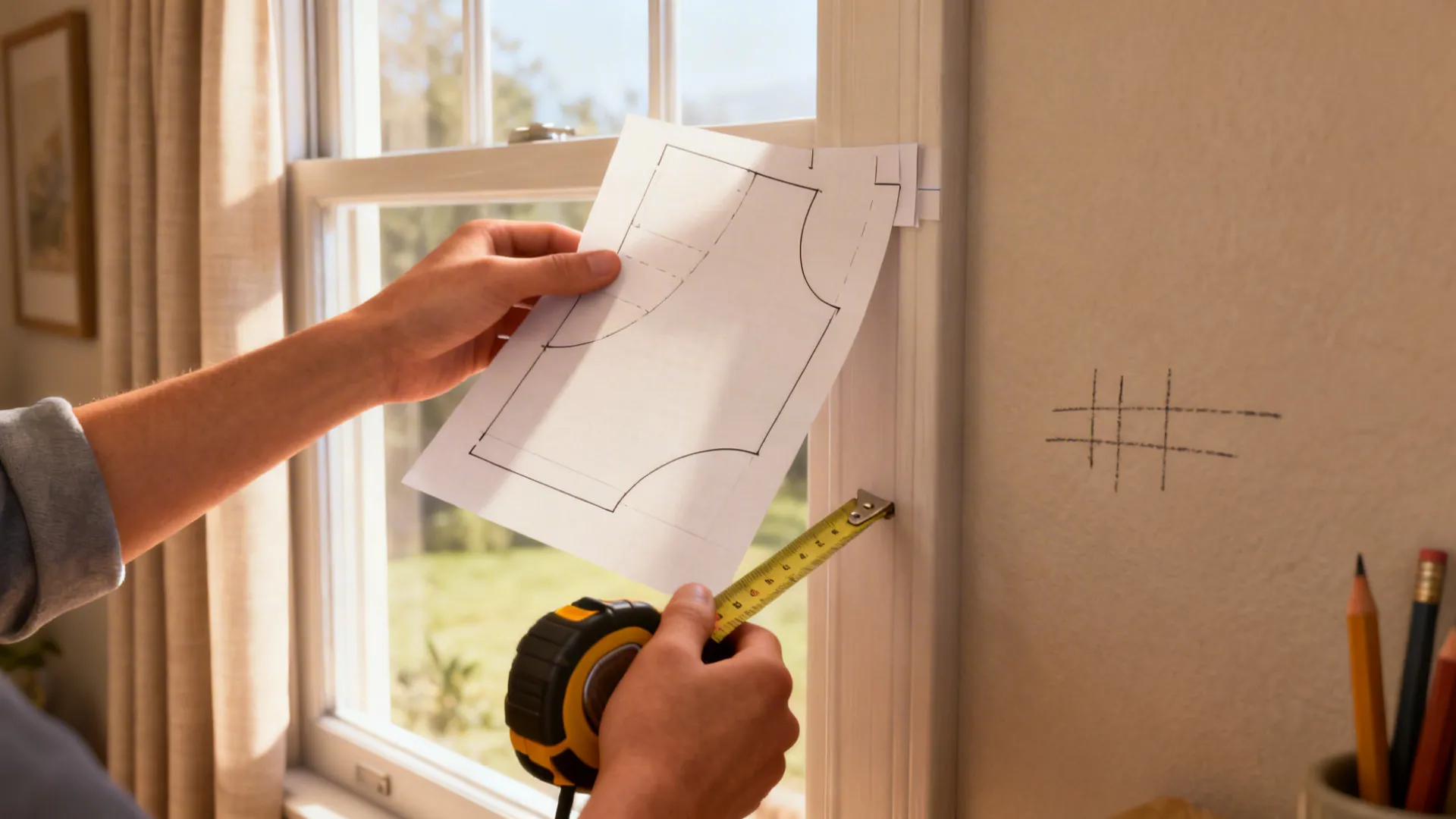 Hands holding paper templates and a tape measure to plan curtain heights in a small room.