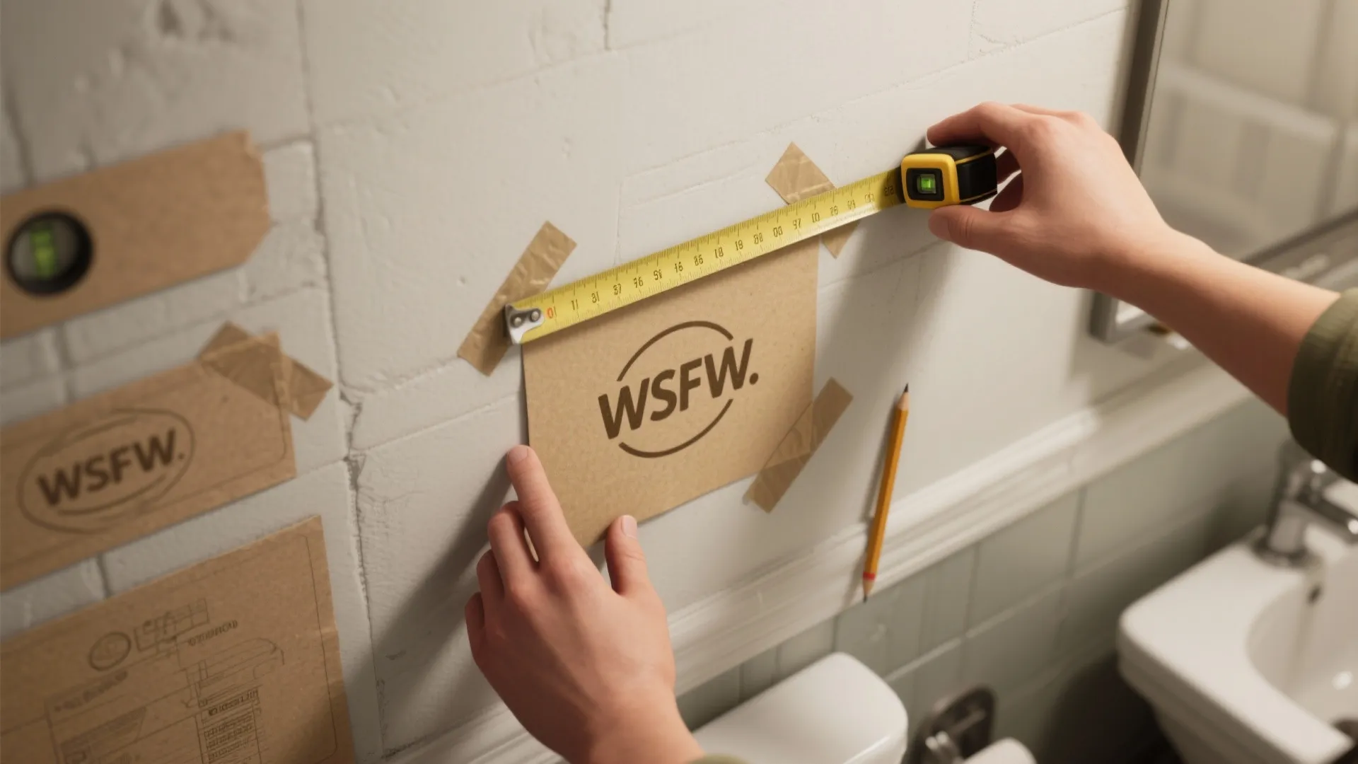 Hands using yellow measuring tape to measure brown paper template on white tiled bathroom wall