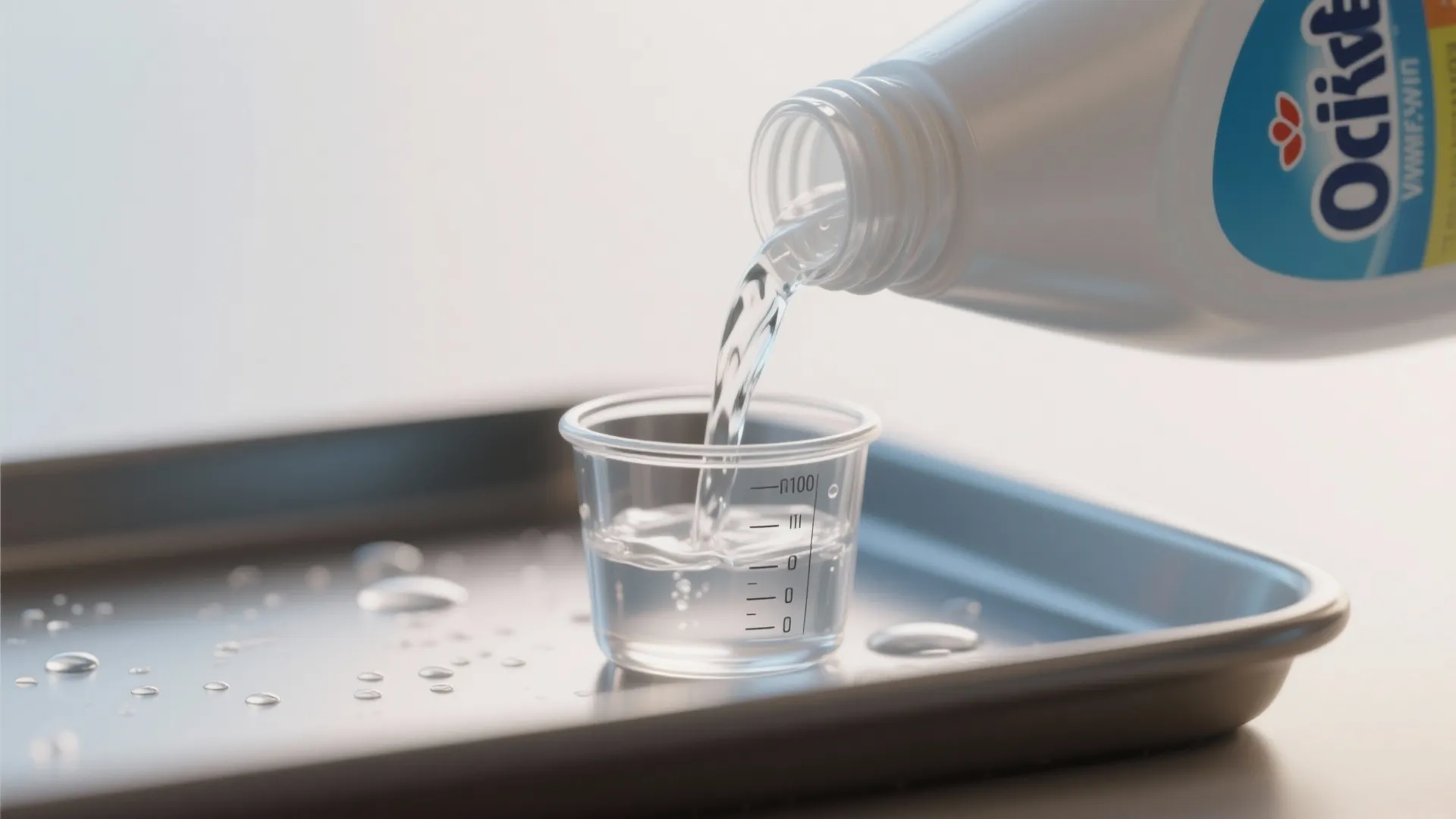Pouring clear liquid detergent from a plastic bottle into a small measuring cup on tray