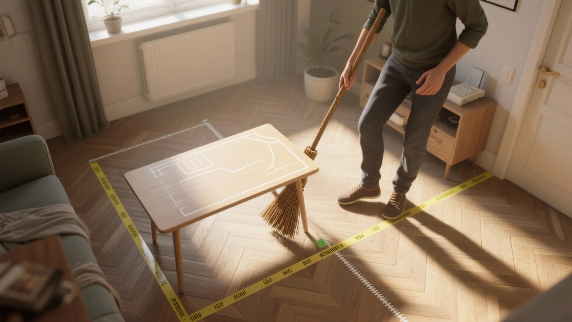Man holds broom in living room with wooden coffee table showing floor plan drawing and tape