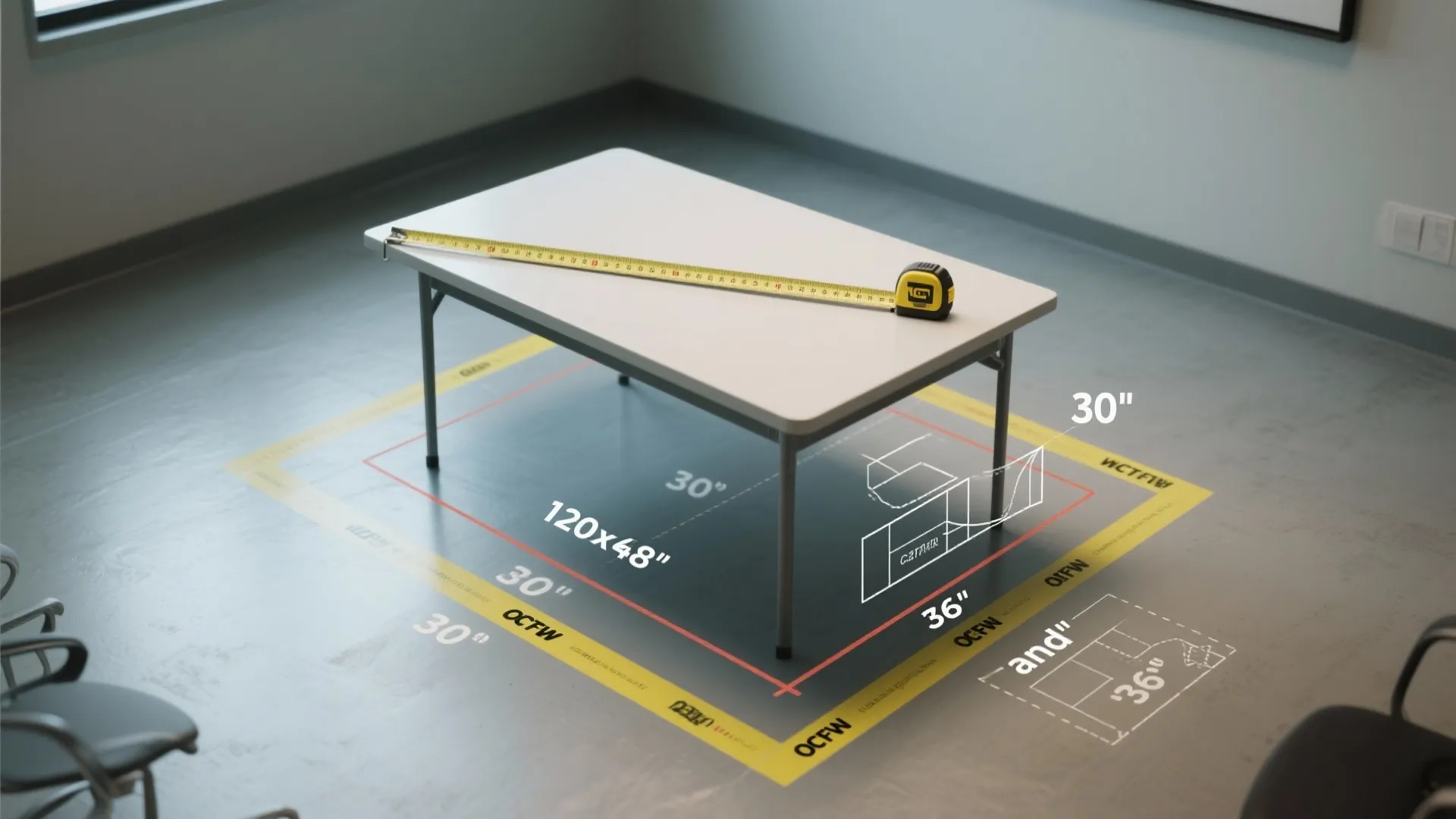 Tape measure on white table showing clearance distance with yellow tape marks on the floor