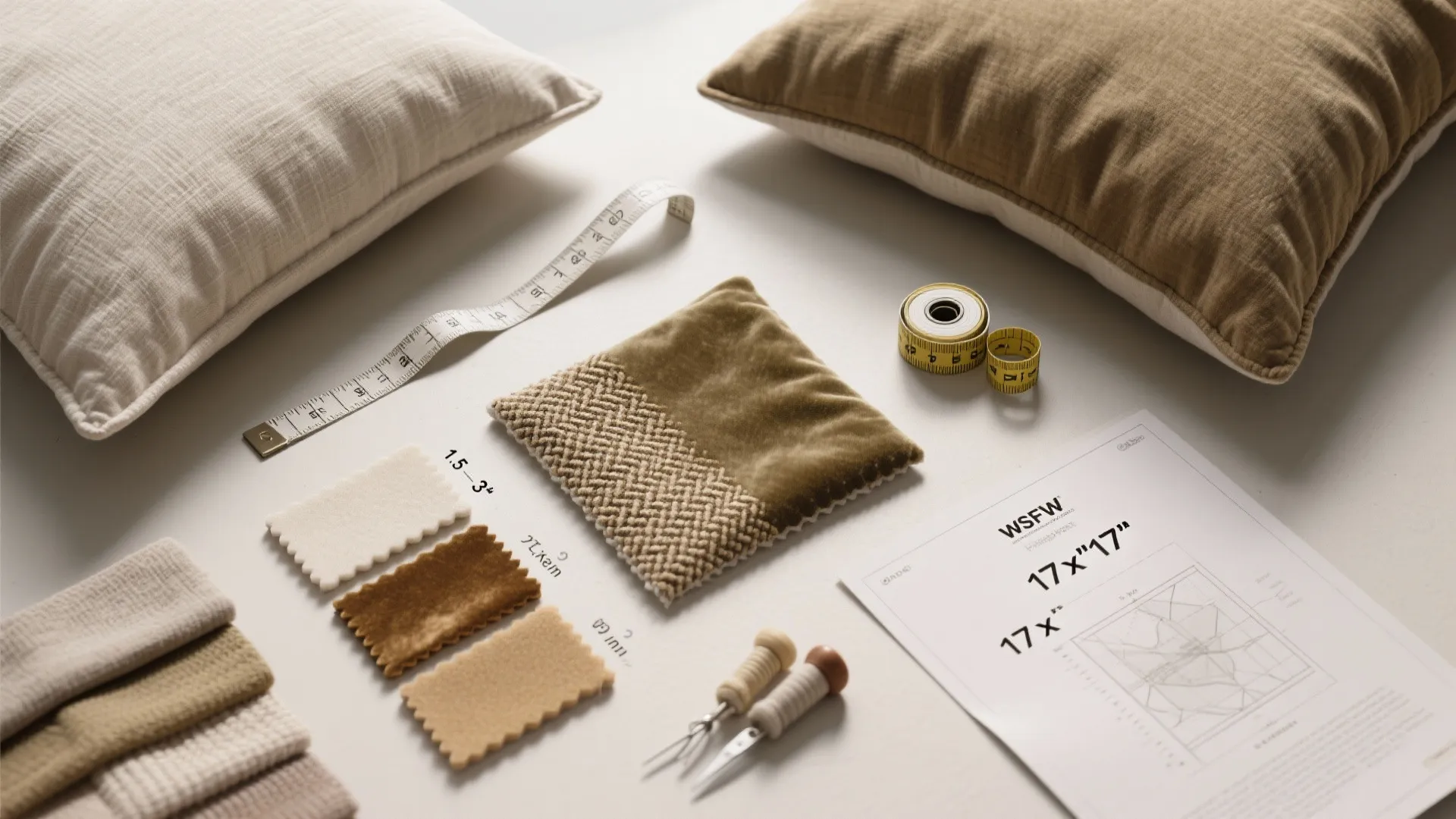 Soft pillows and measuring tape on white table with several colored fabric swatches and paper